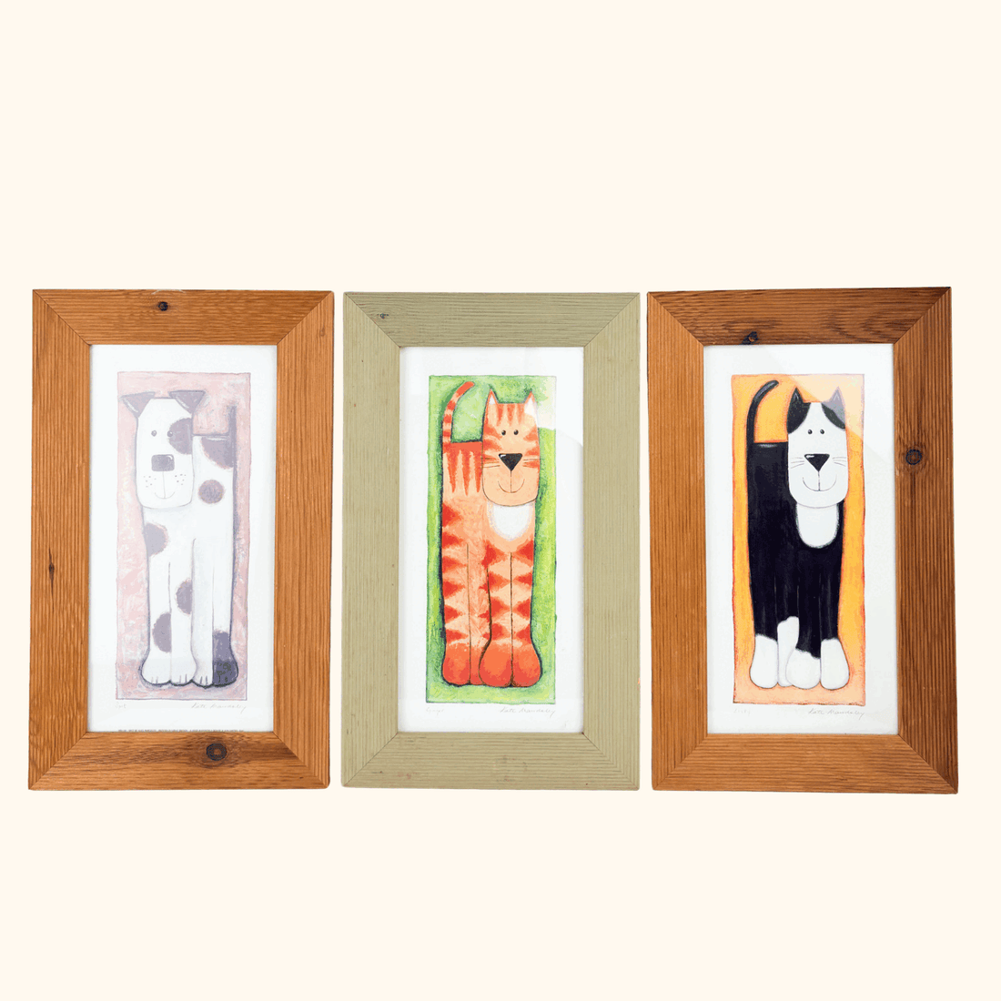 Vintage 2000s Kate Mawdsley Framed Cat and Dog Prints - Set of 3 Kate Mawdsley