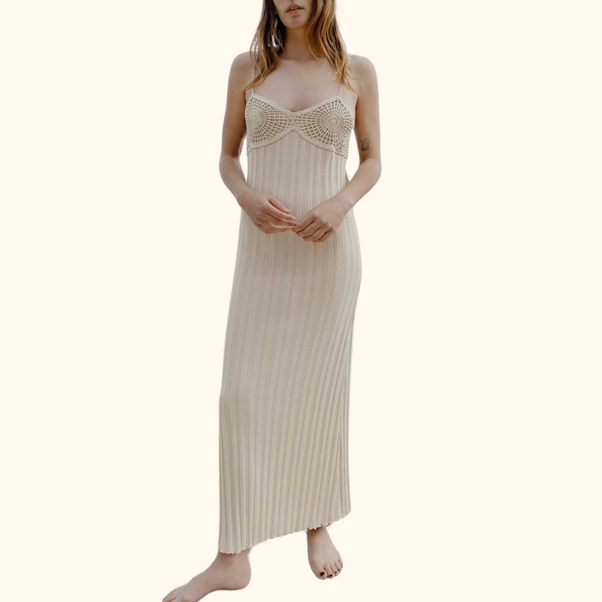 Zara Crochet Cream Ribbed Midi Dress - Size Large -  - Dresses