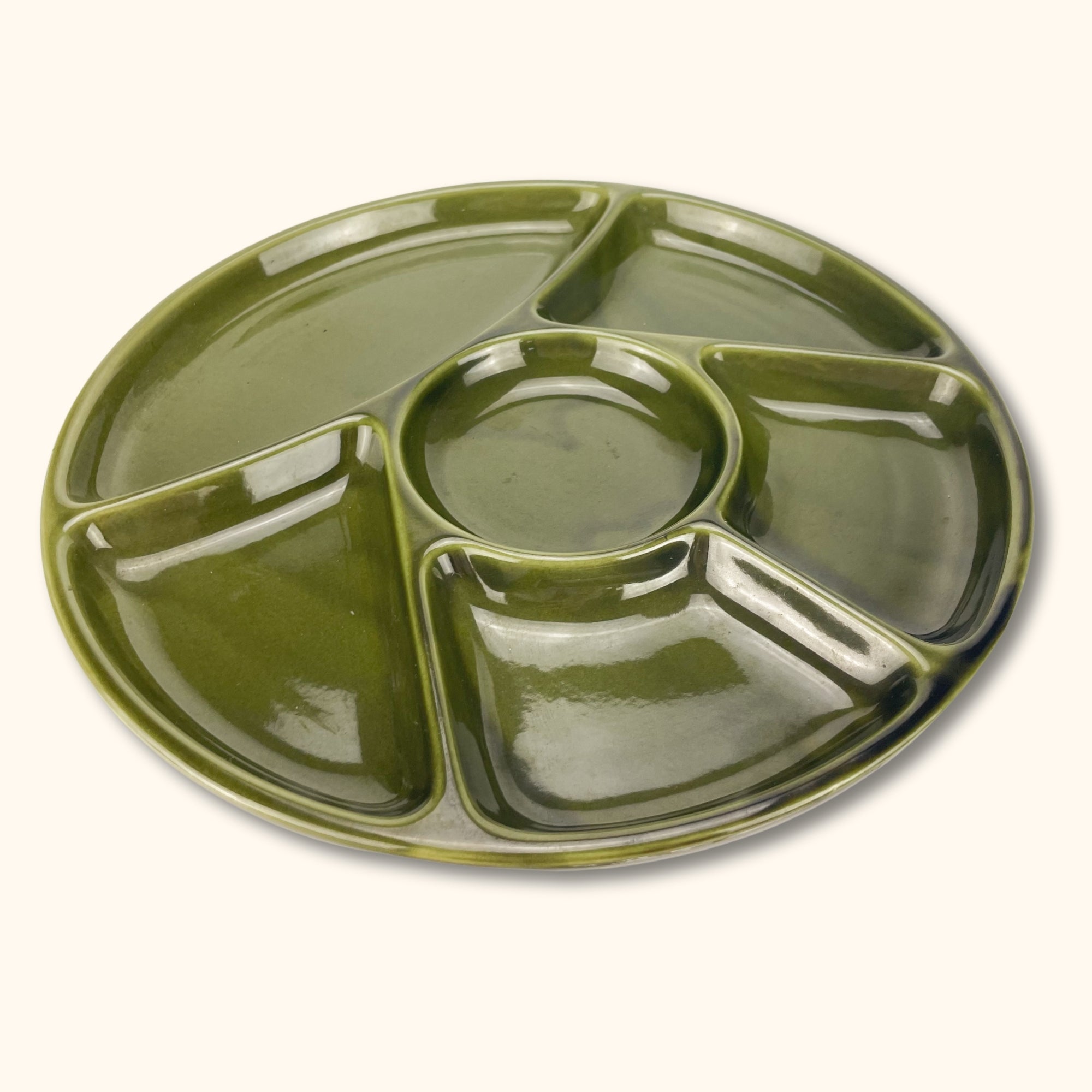 Olive Green Vintage Round Section Snack Plate - - Kitchenware