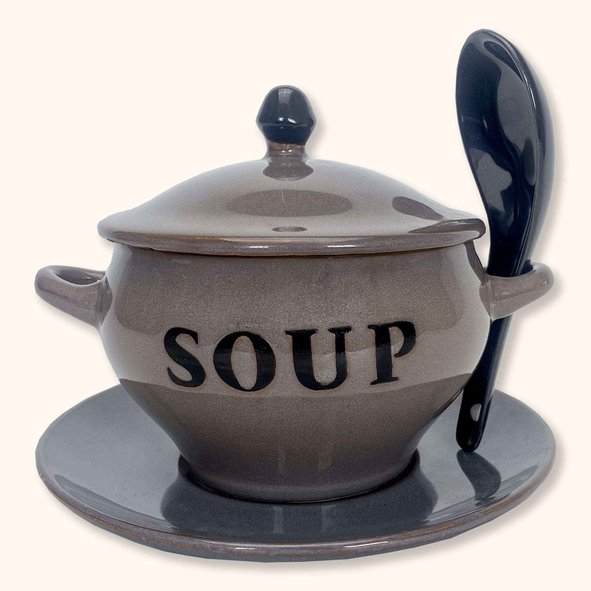 Grey Microwave Soup Bowl and Spoon with Lid - - Kitchenware