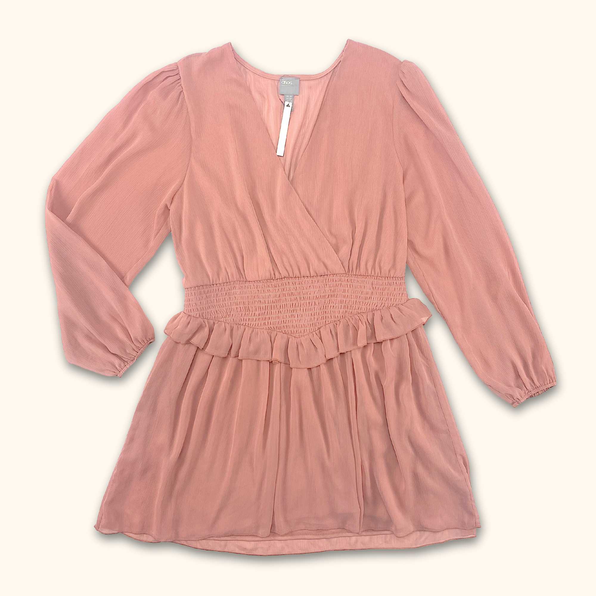 ASOS Design Long Sleeve Ruffle Dress Shell Pink - Size 12 - - Dresses