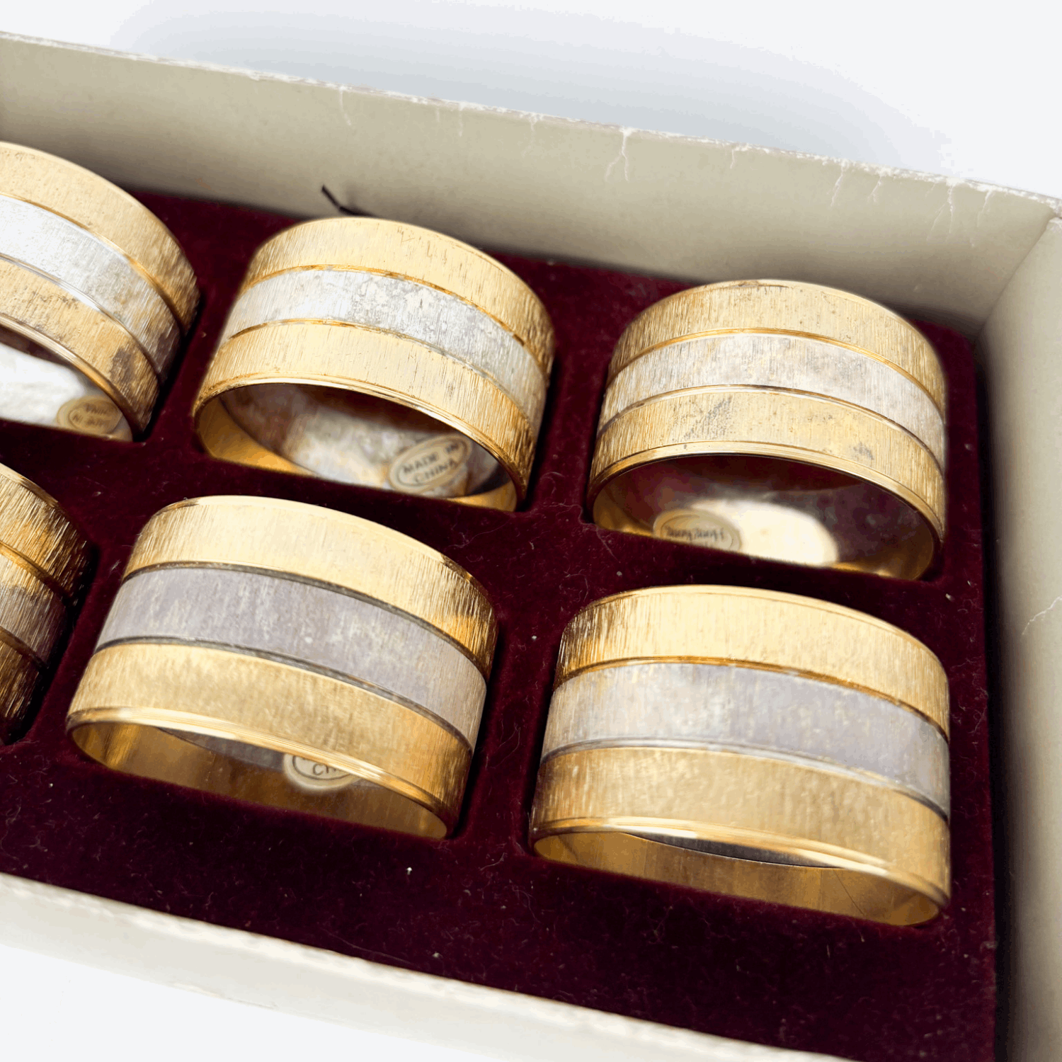Mid Century Hong Kong Gold and Silver Napkin Rings Set of 6 Boxed Sunshine Thrift