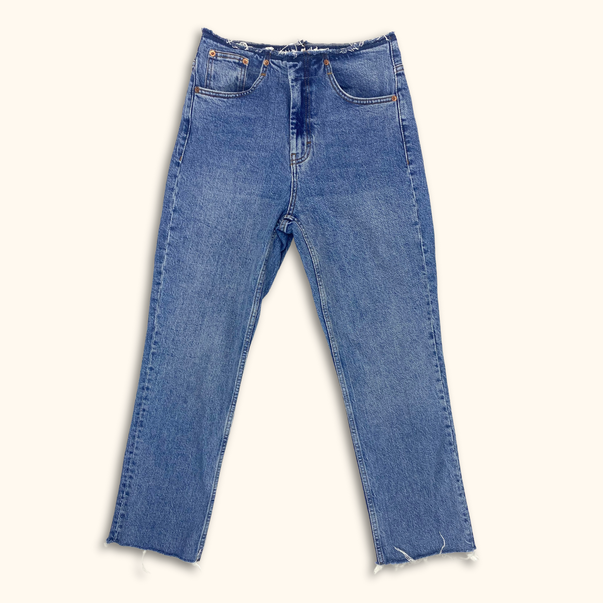 Topshop Straight Leg Frayed Blue Denim Jeans - Size Small -  - Jeans