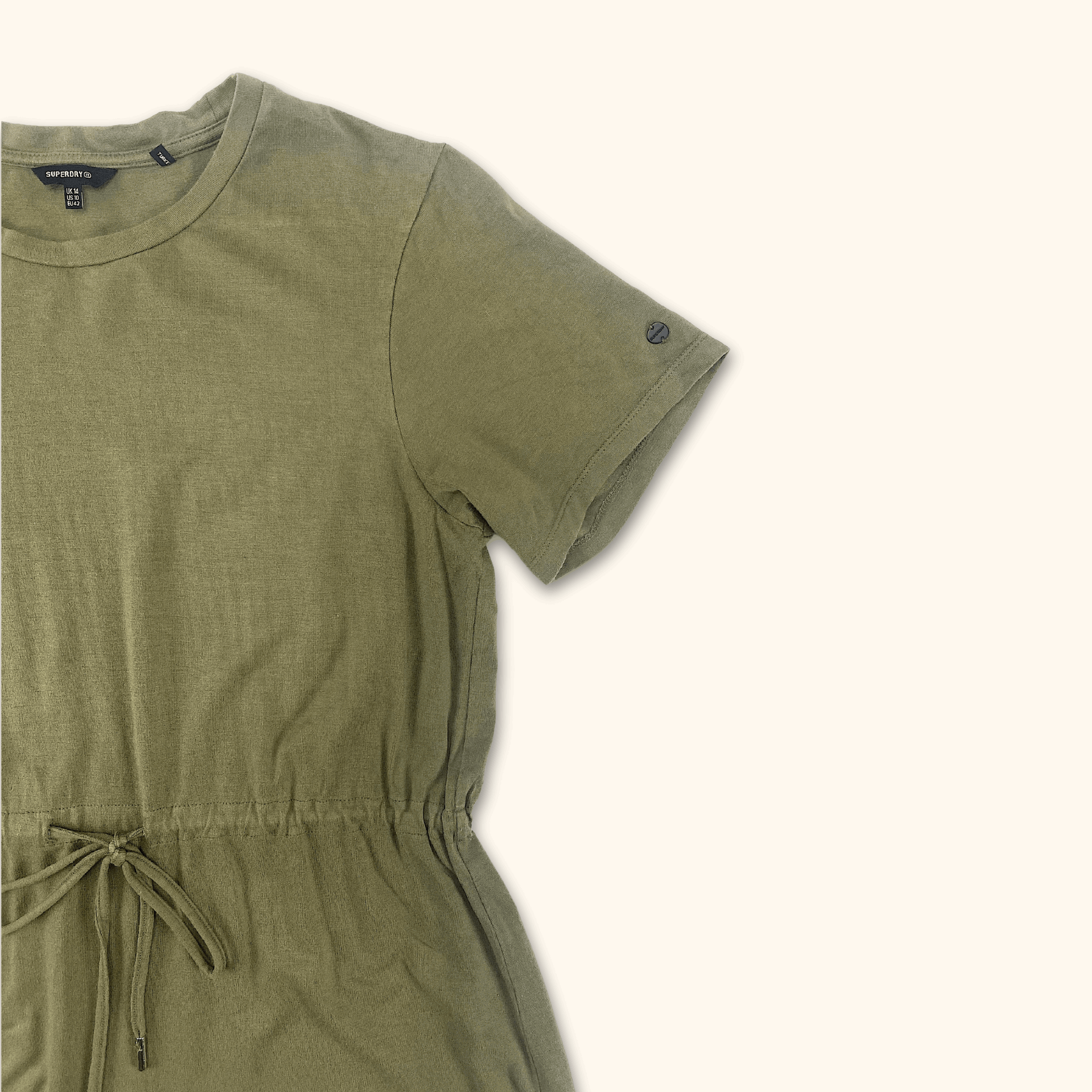 Superdry Khaki Green Jersey Dress with Drawstring - Size 14 - - Dresses