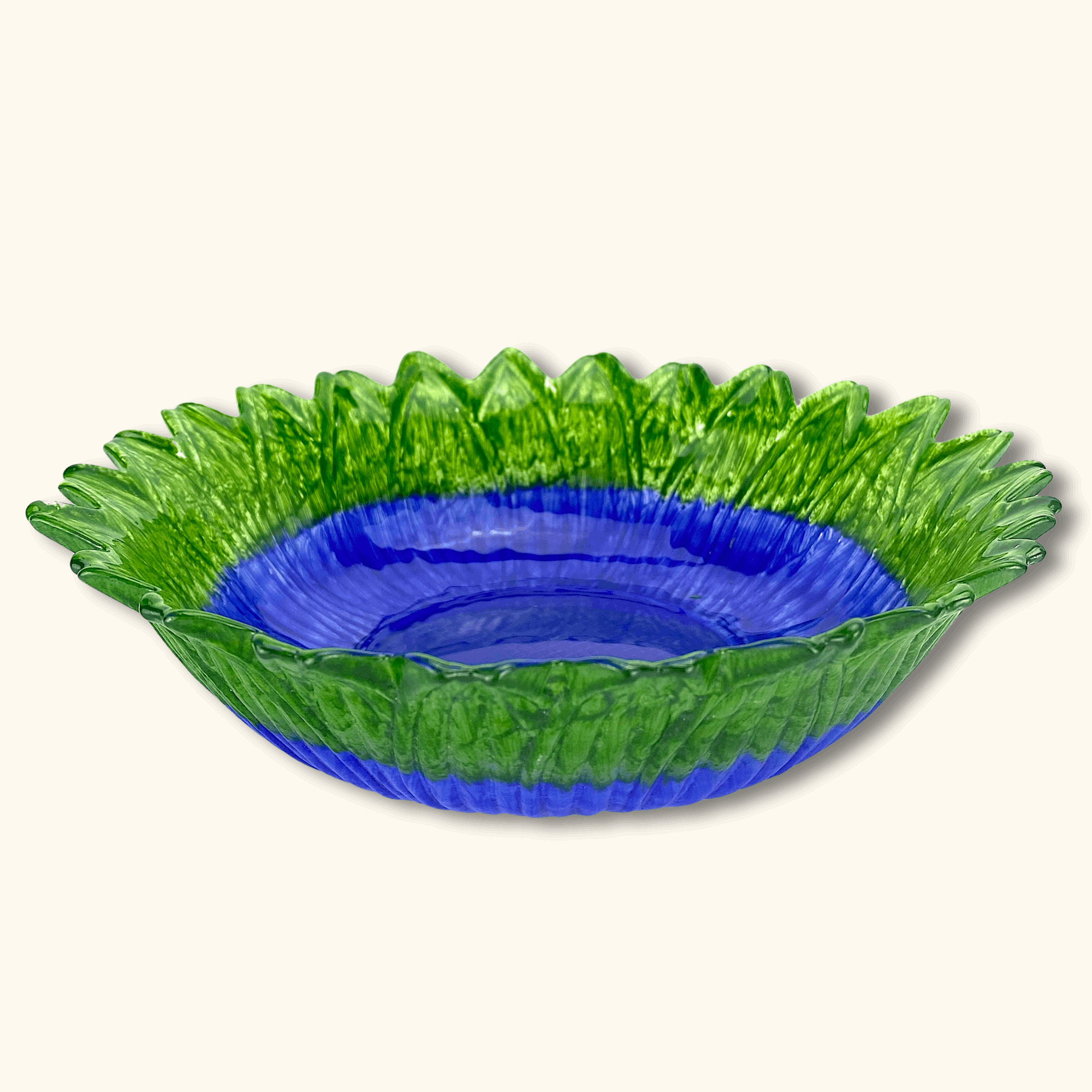 Mid-century Glass Serving Bowl Blue Flower -  - Kitchenware