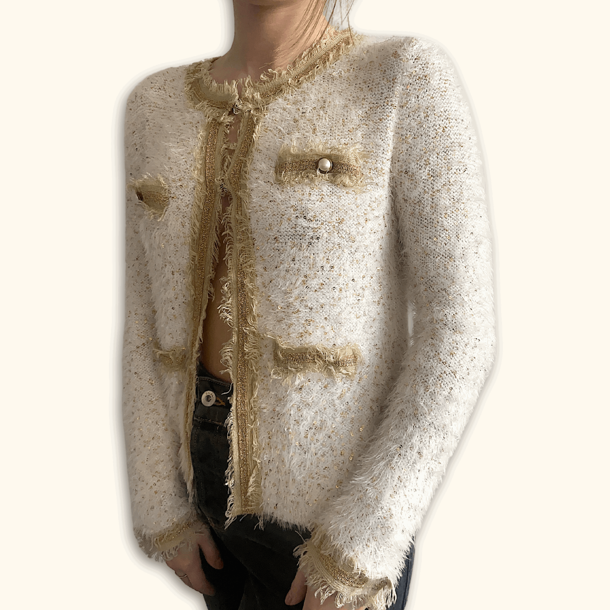 Cream Fringe Sequin Cardigan - Size Medium - - Cardigans