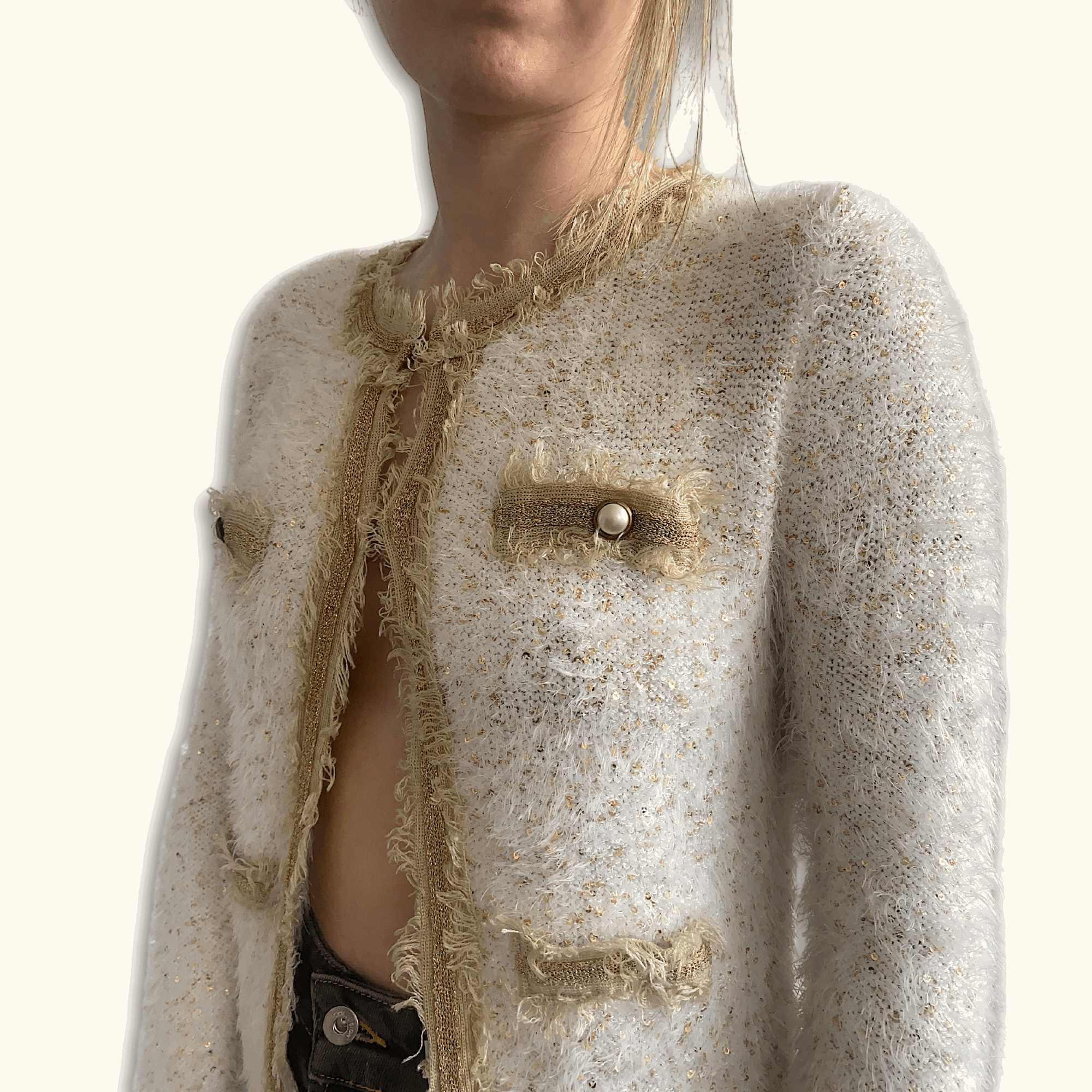 Cream Fringe Sequin Cardigan - Size Medium - - Cardigans