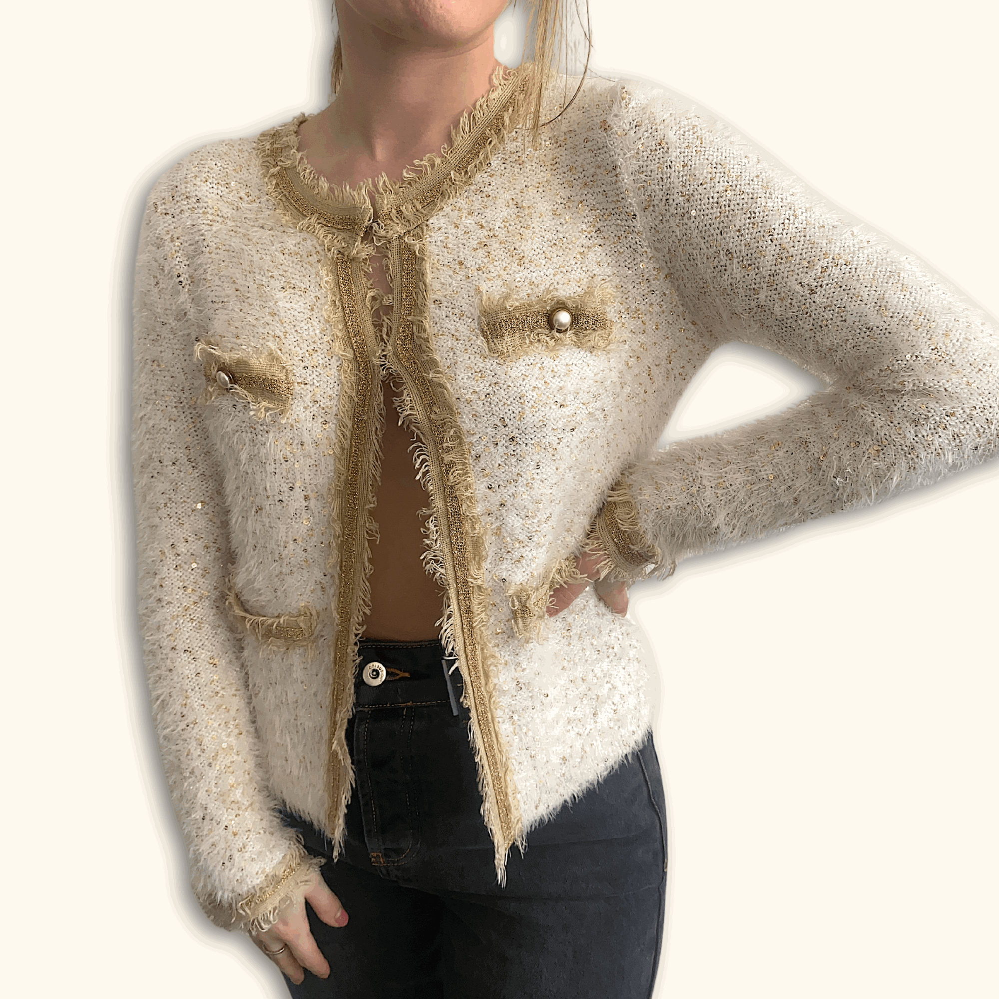 Cream Fringe Sequin Cardigan - Size Medium - - Cardigans