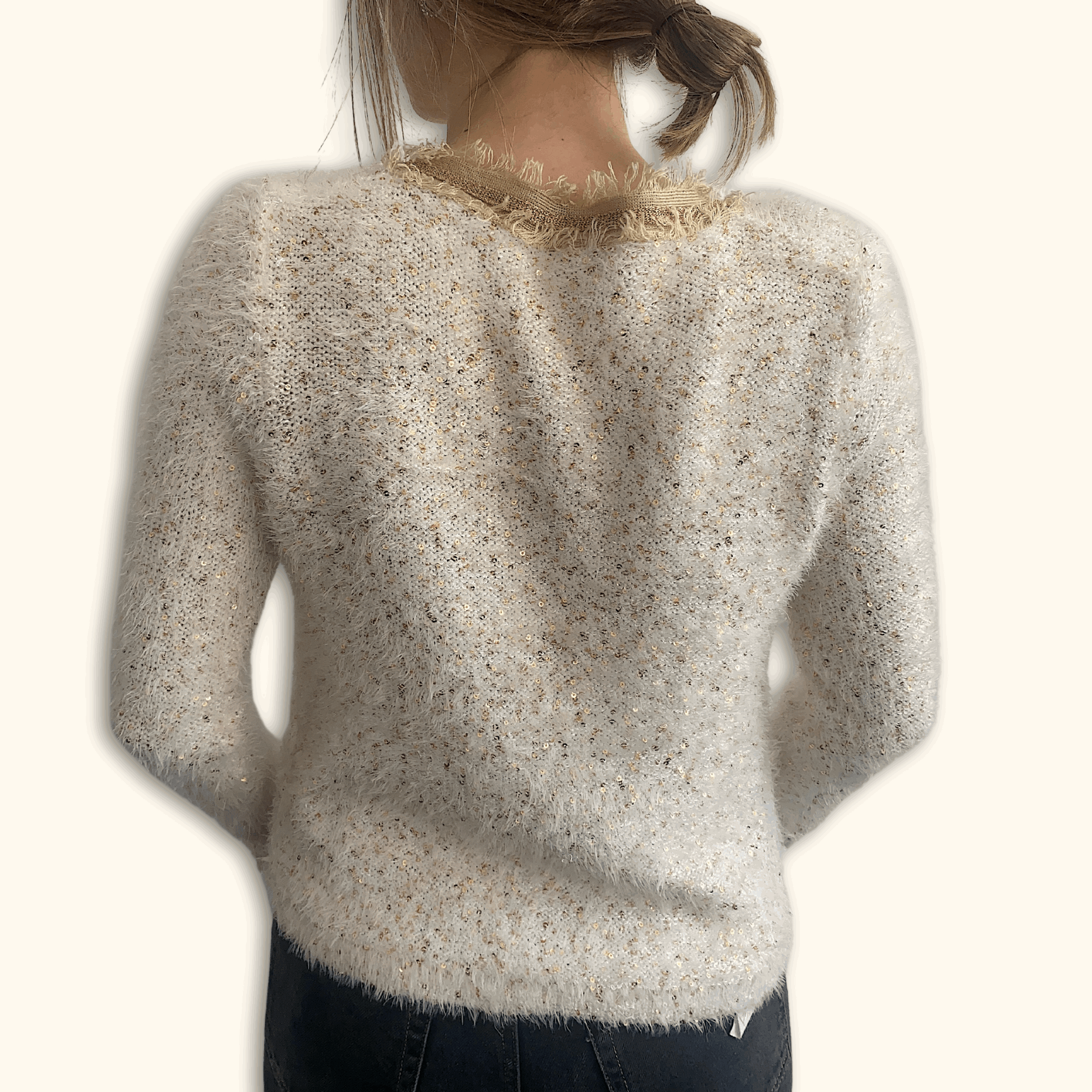 Cream Fringe Sequin Cardigan - Size Medium - - Cardigans