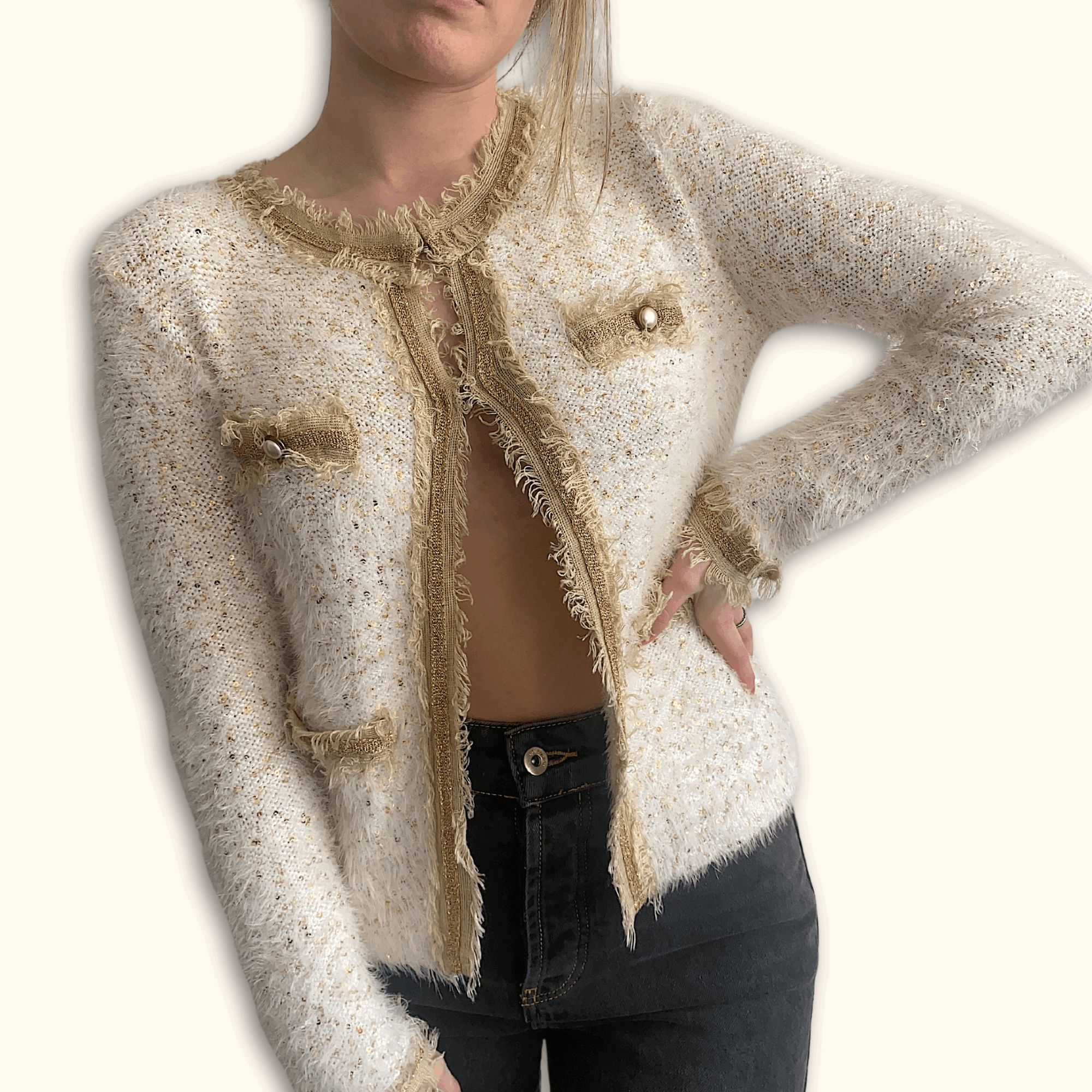 Cream Fringe Sequin Cardigan - Size Medium - - Cardigans