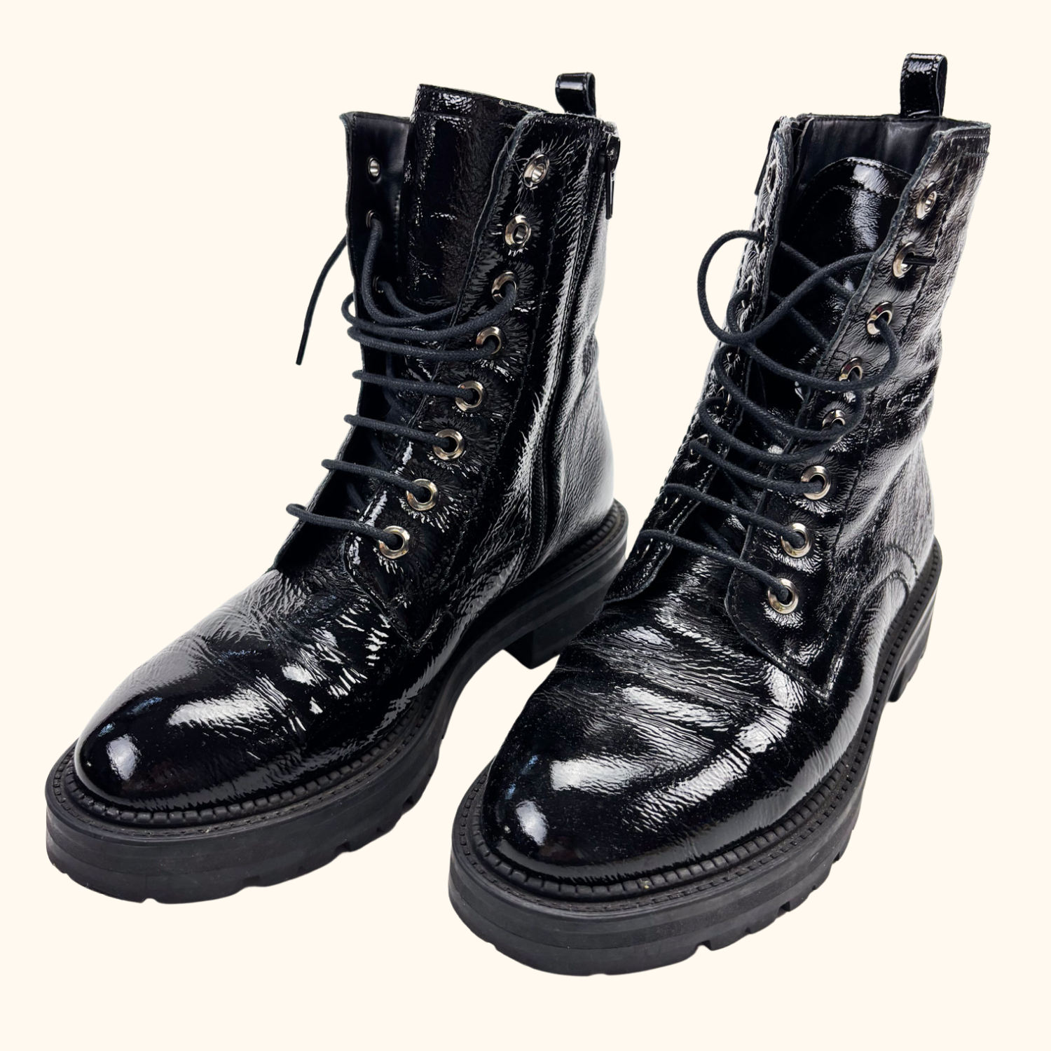 Dune London Black Patent Leather Lace Up Boots - Size 5 Dune London