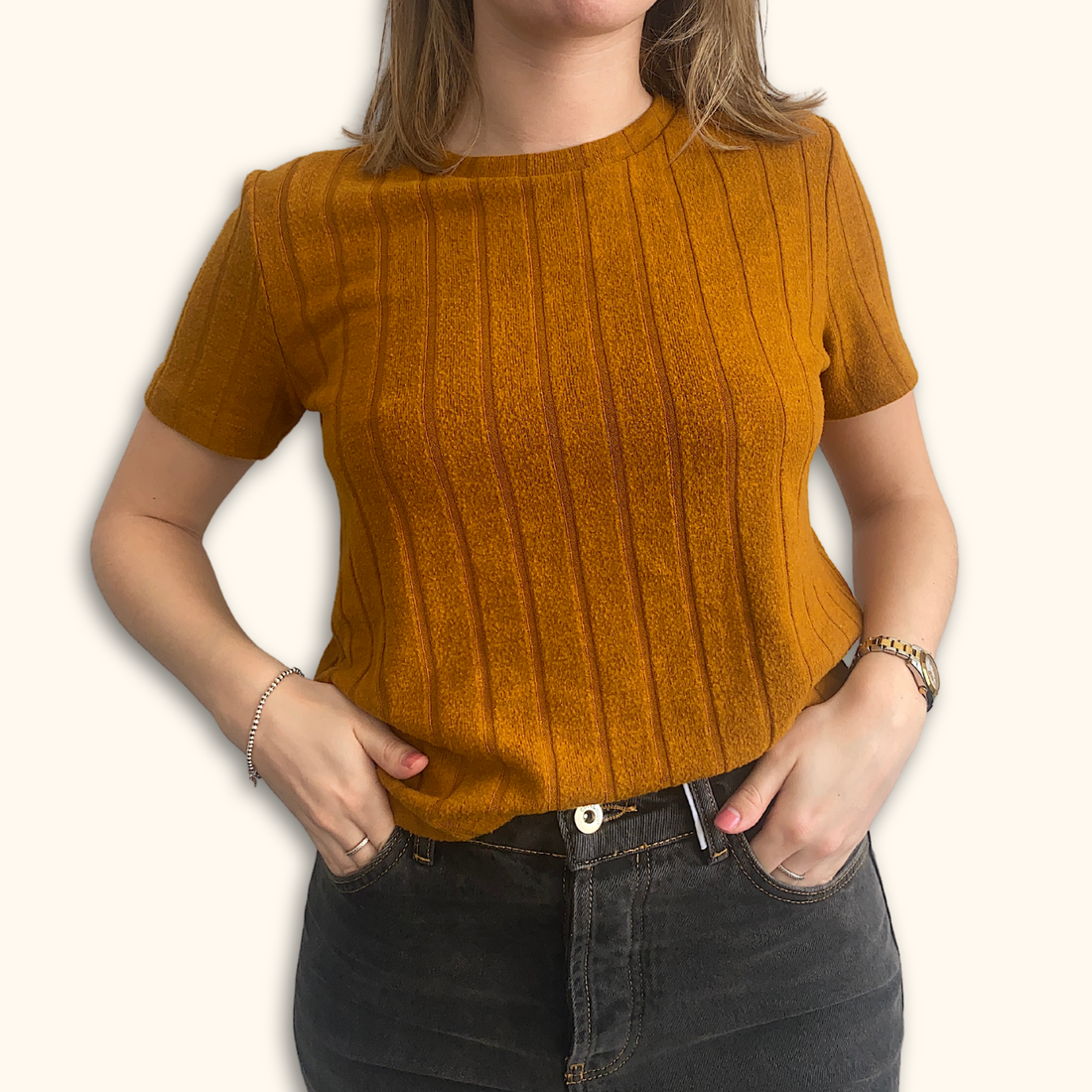 Zara Orange Ribbed Short Sleeve Top - Size Medium - - Tops