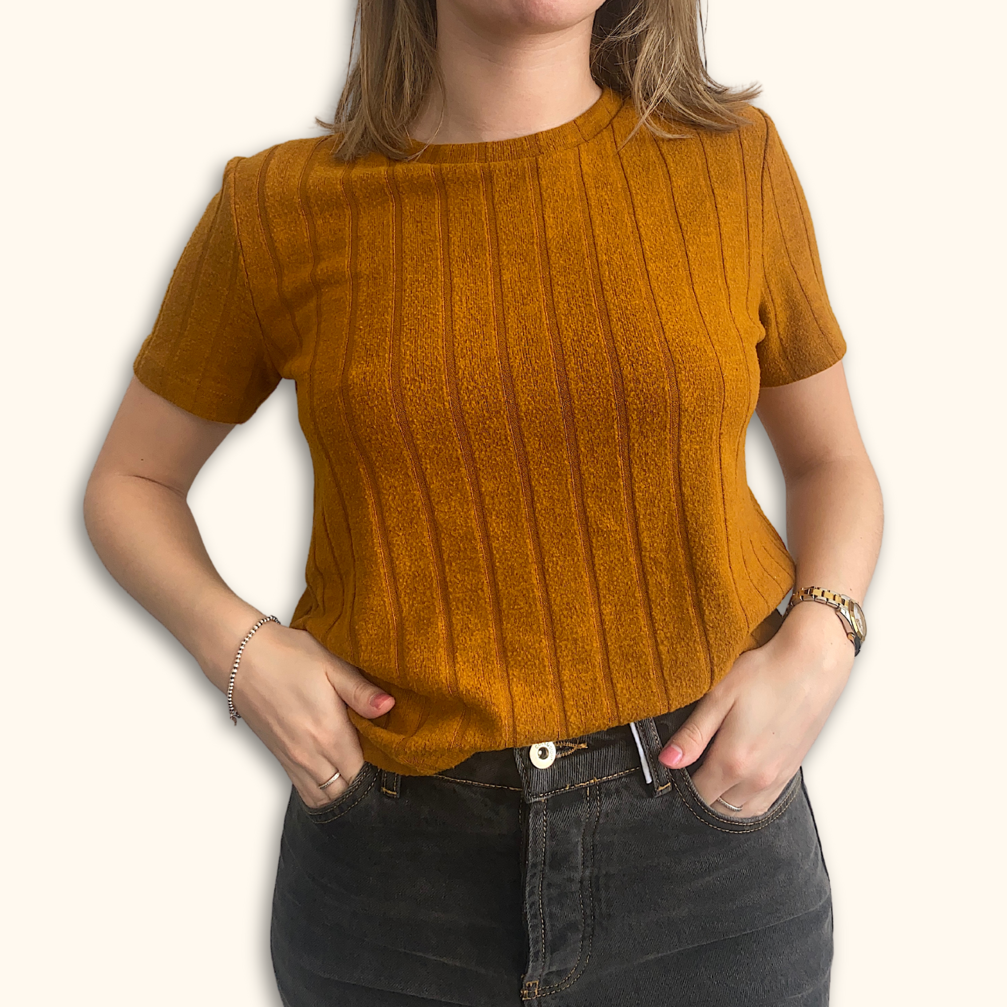 Zara Orange Ribbed Short Sleeve Top - Size Medium - - Tops