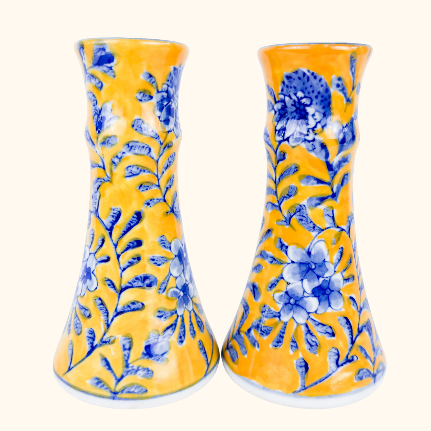 Yellow and Blue Floral Ceramic Candlestick Holders Sunshine Thrift