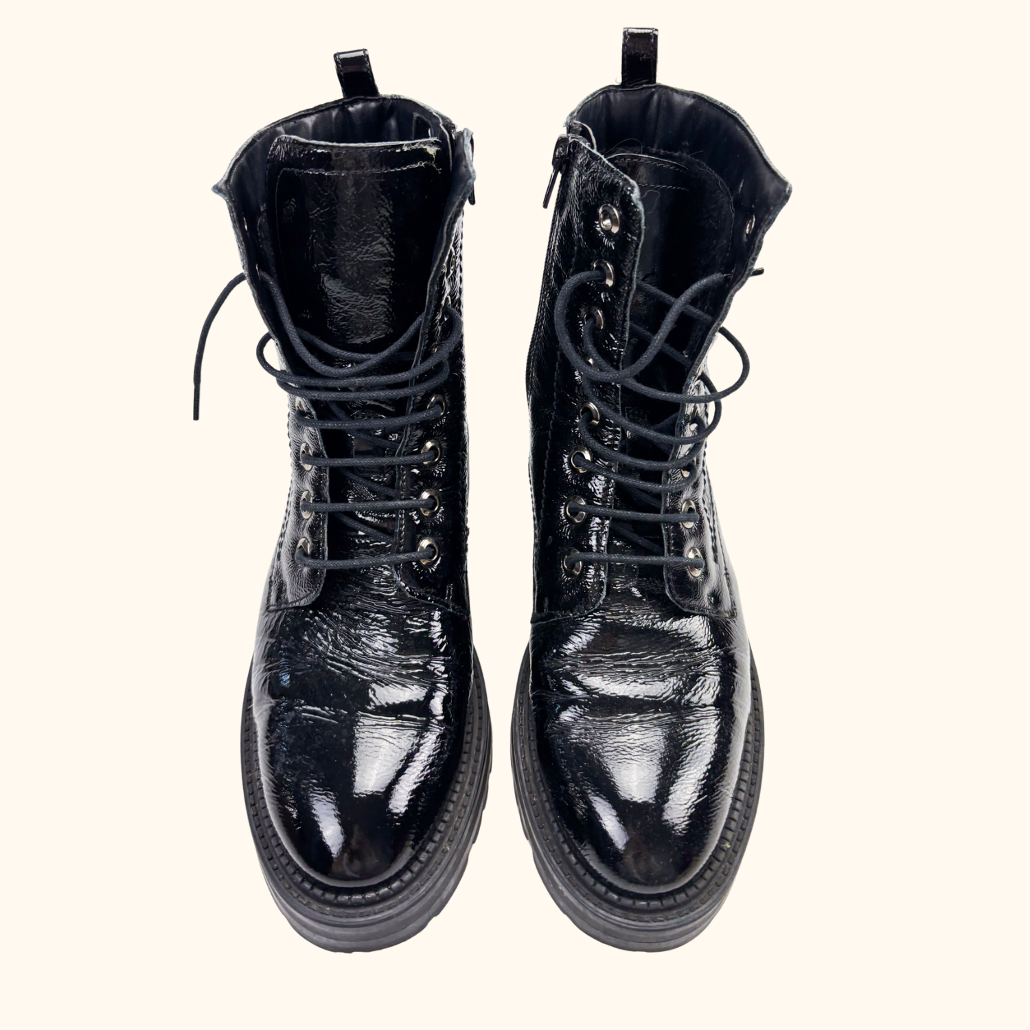 Dune London Black Patent Leather Lace Up Boots - Size 5 Dune London