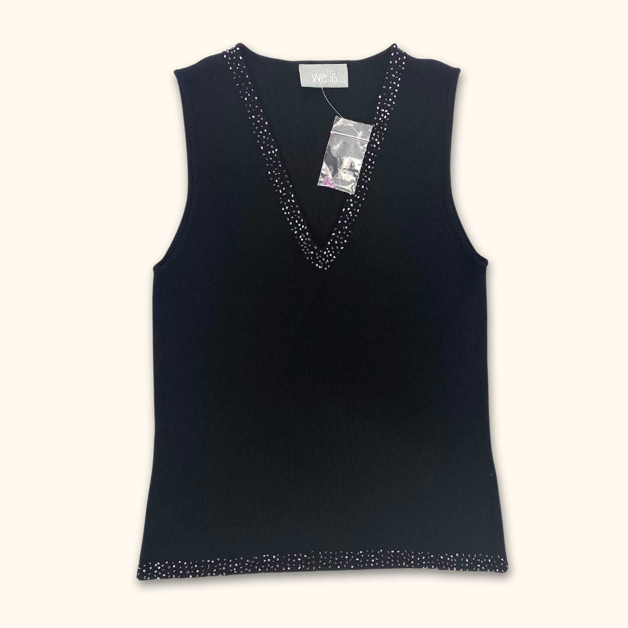 Wallis Beaded Black V-Neck Blouse - Size 10 -  - Tops