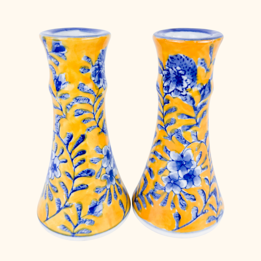 Yellow and Blue Floral Ceramic Candlestick Holders Sunshine Thrift