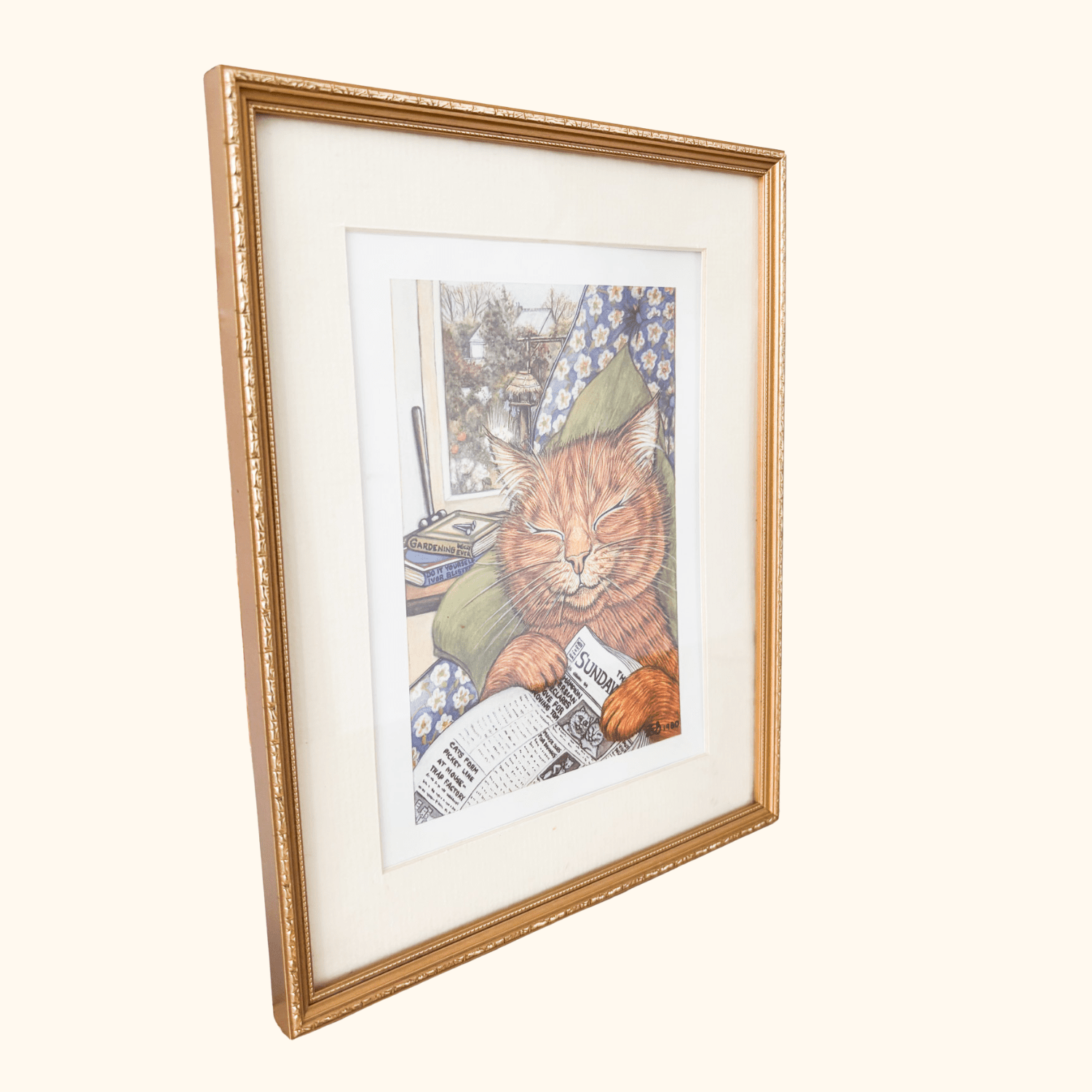 Zoe Stokes Cat Reading Print 1989 Framed Zoe Stokes