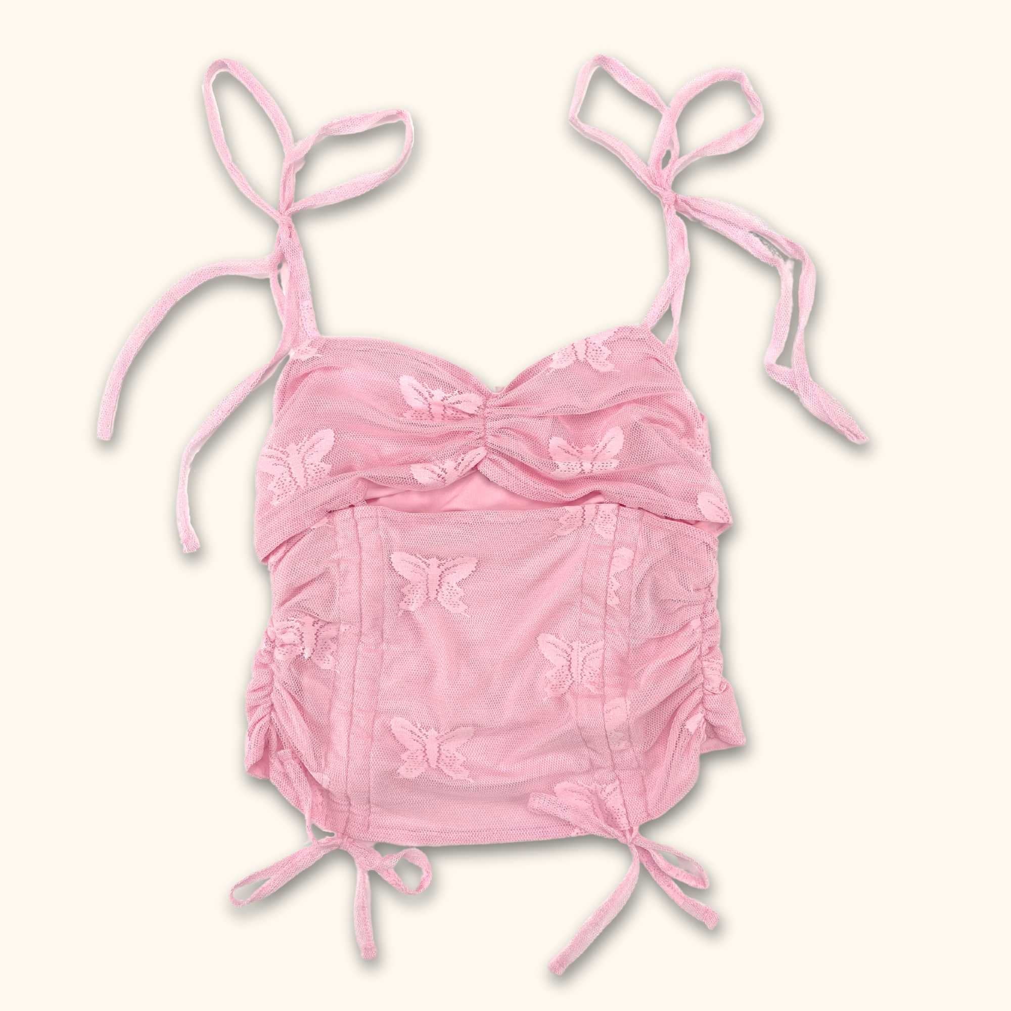 ASYOU Butterfly Mesh Cami Crop Top Light Pink - Size 10 - - Tops