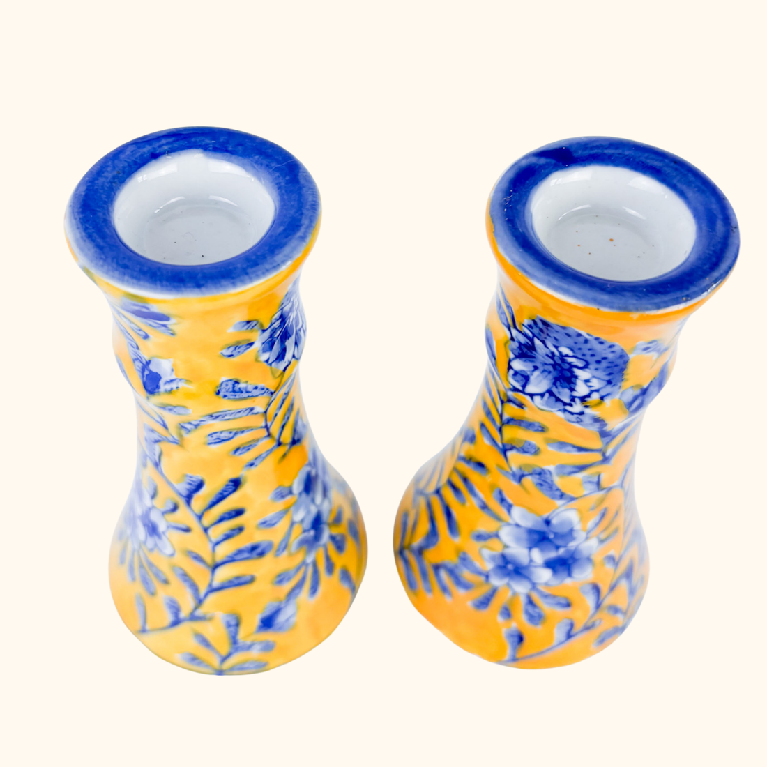 Yellow and Blue Floral Ceramic Candlestick Holders Sunshine Thrift