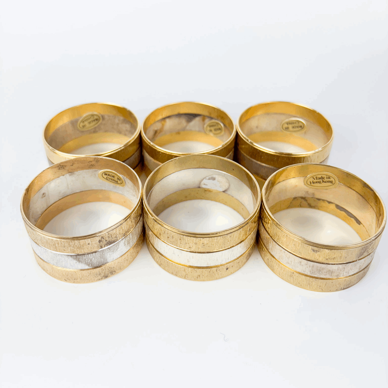 Mid Century Hong Kong Gold and Silver Napkin Rings Set of 6 Boxed Sunshine Thrift