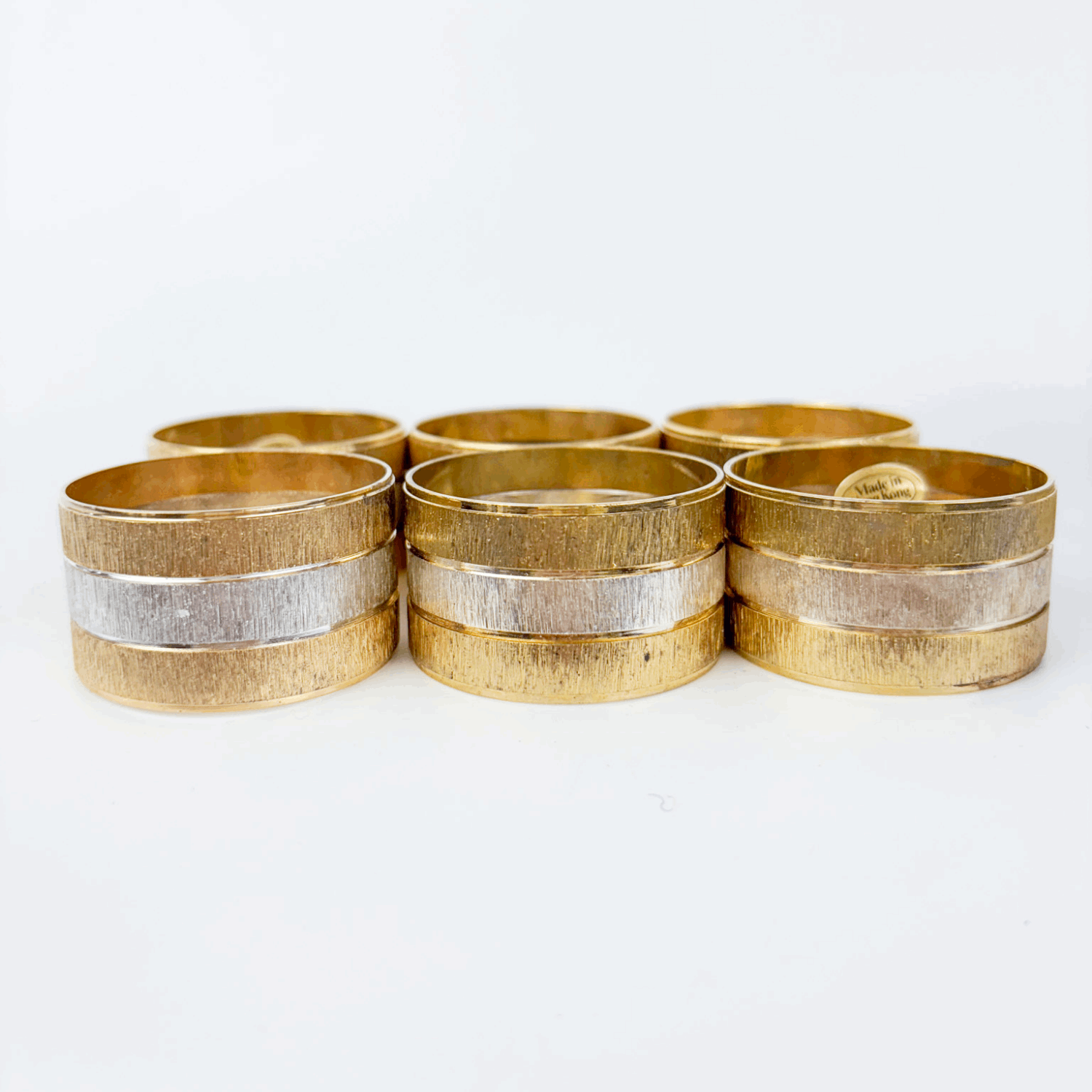 Mid Century Hong Kong Gold and Silver Napkin Rings Set of 6 Boxed Sunshine Thrift