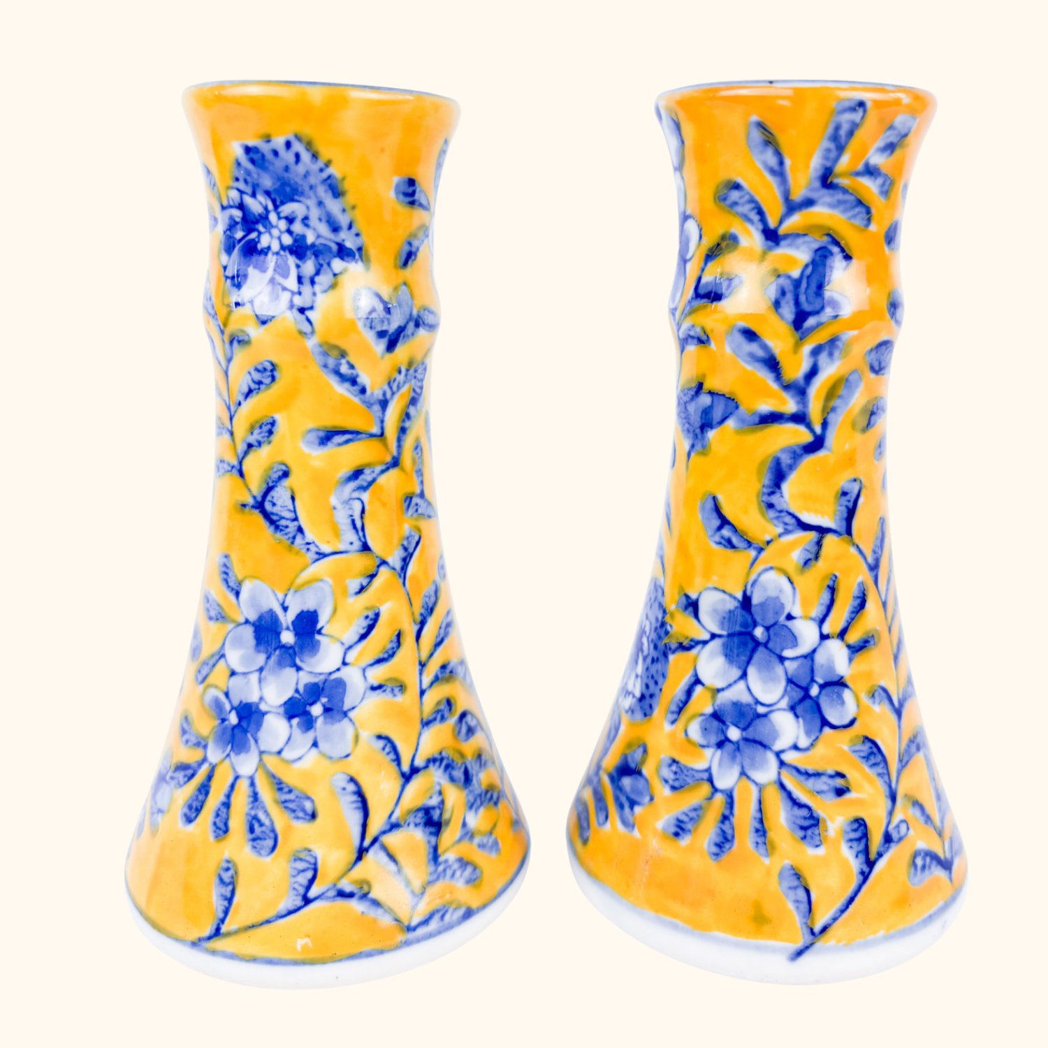 Yellow and Blue Floral Ceramic Candlestick Holders Sunshine Thrift