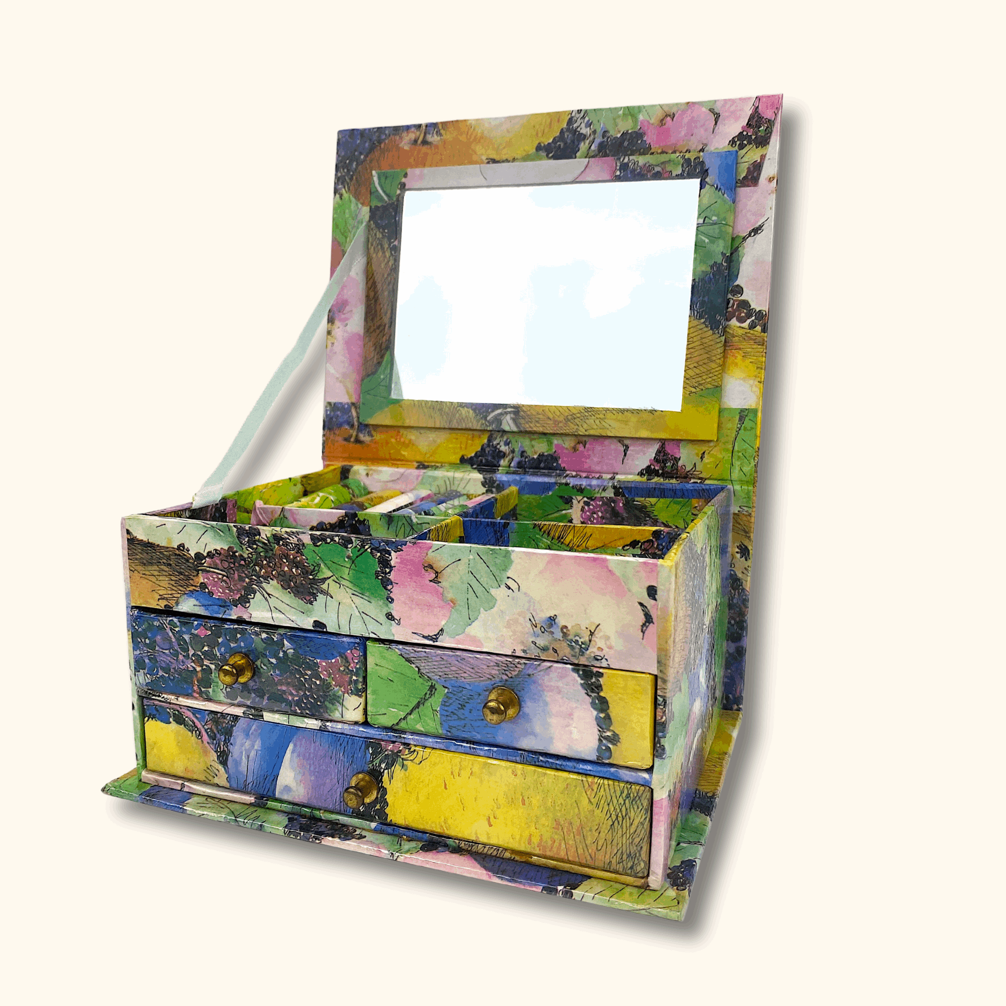 Colourful Paper Jewellery Box with Drawers and Mirror - - Decoration