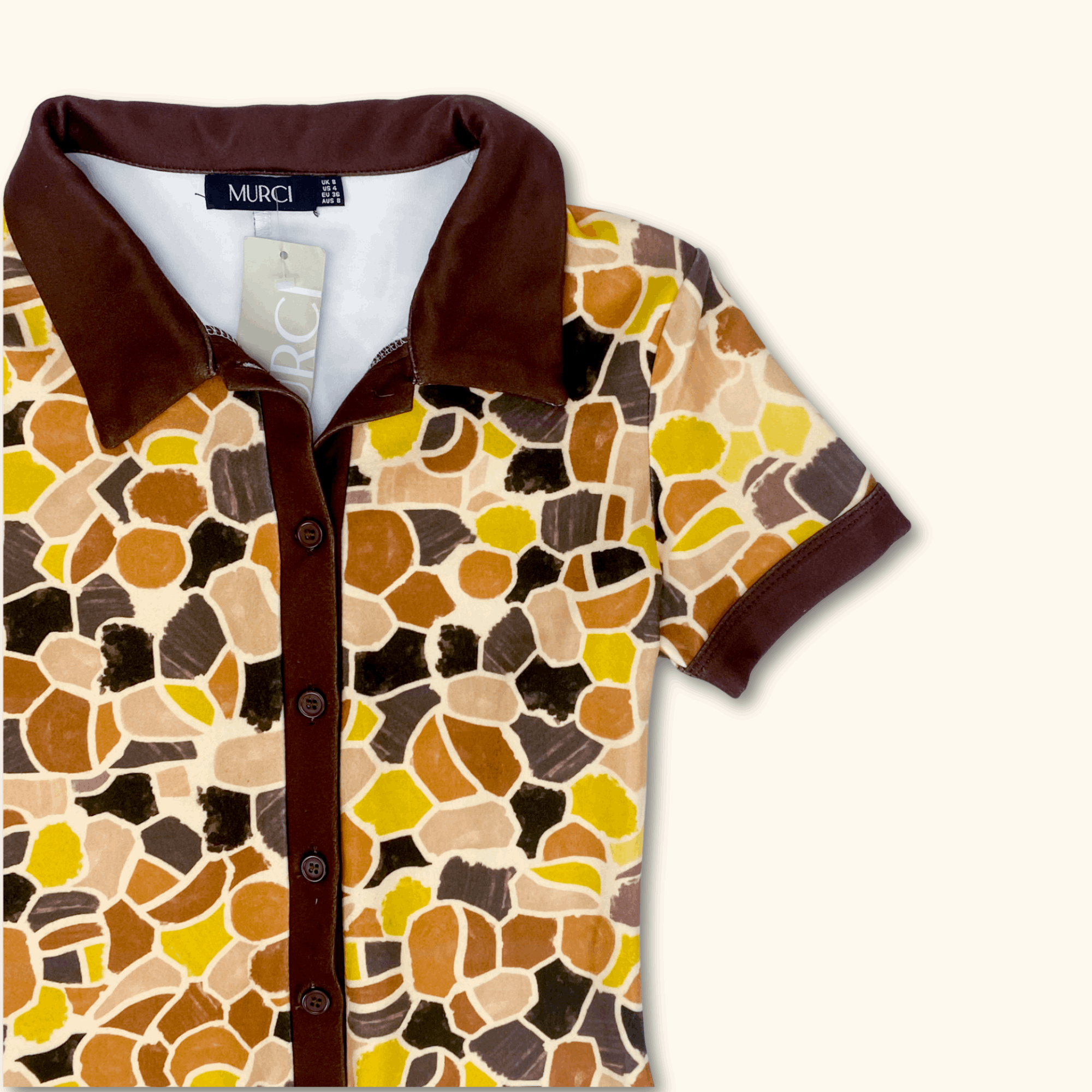 Murci 70s Inspired Brown Short Sleeve Patterned Playsuit - Size 8 - - Jumpsuits & playsuits