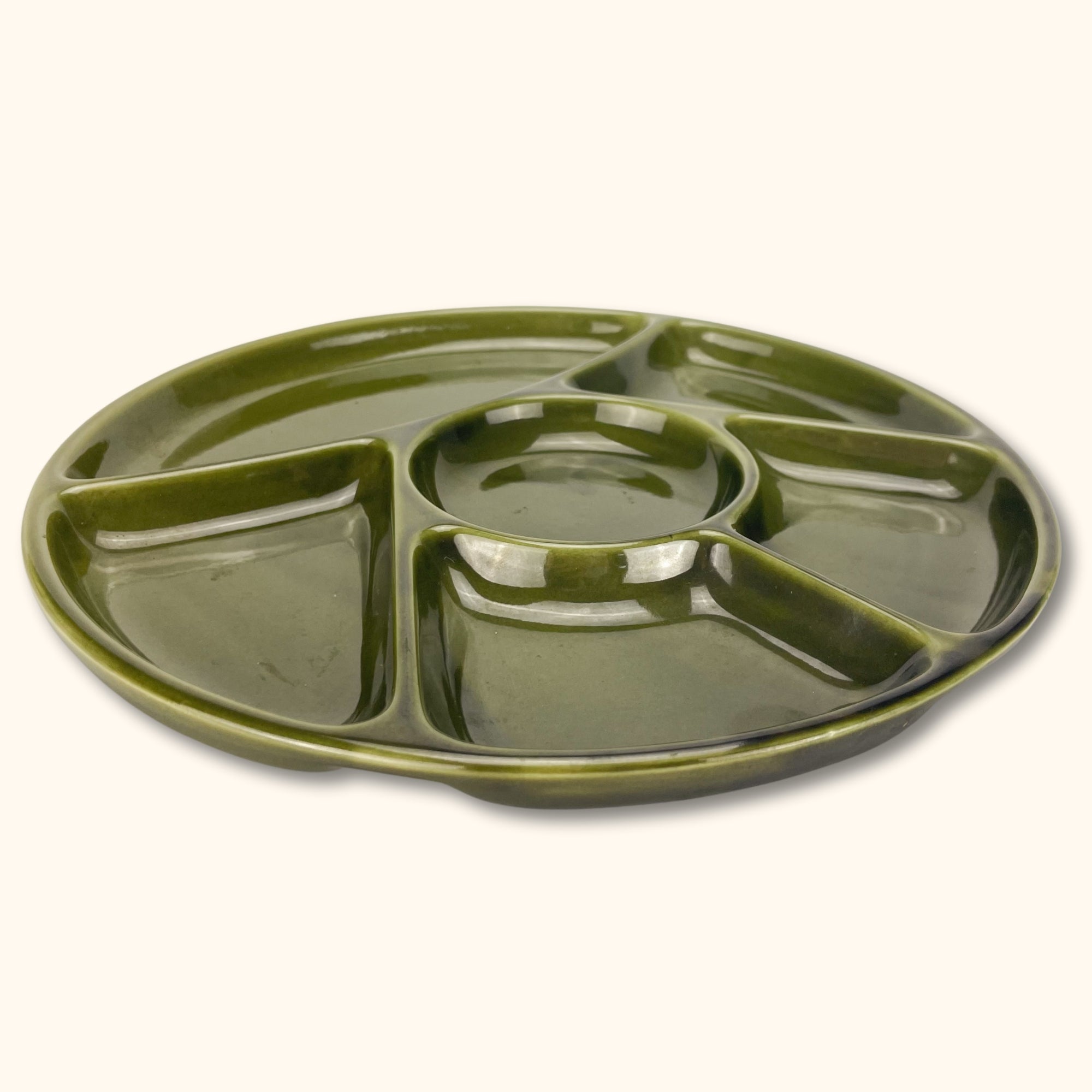 Olive Green Vintage Round Section Snack Plate - - Kitchenware