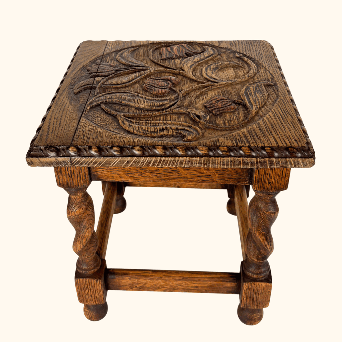 Hand Carved Oak Wood Footstool Sunshine Thrift