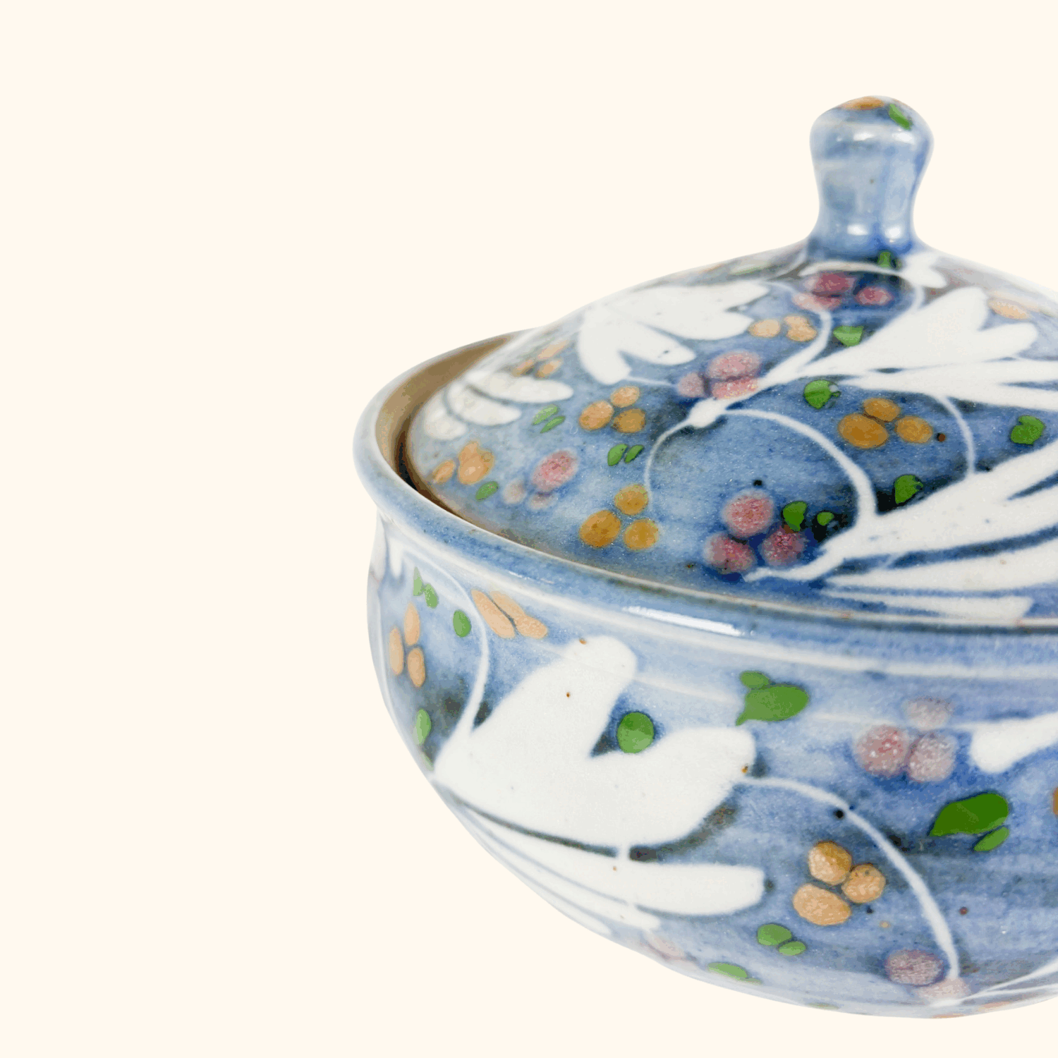 Vintage Hand Painted Cool Blue Ceramic Lidded Bowl Sunshine Thrift