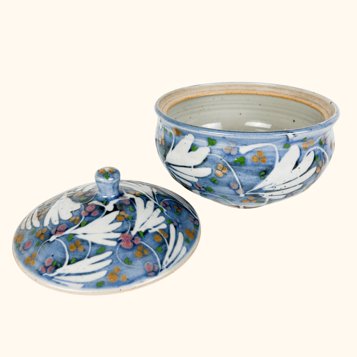 Vintage Hand Painted Cool Blue Ceramic Lidded Bowl Sunshine Thrift