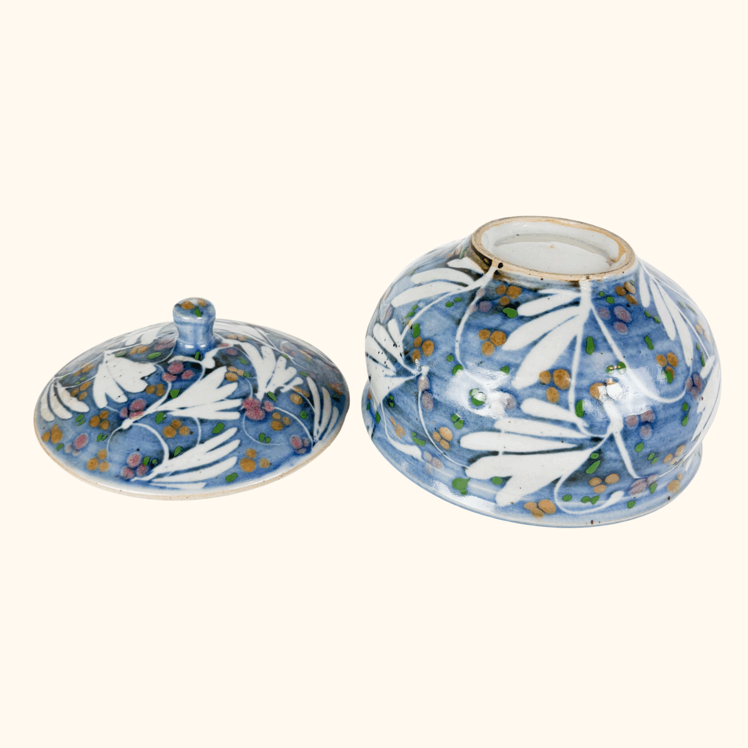 Vintage Hand Painted Cool Blue Ceramic Lidded Bowl Sunshine Thrift