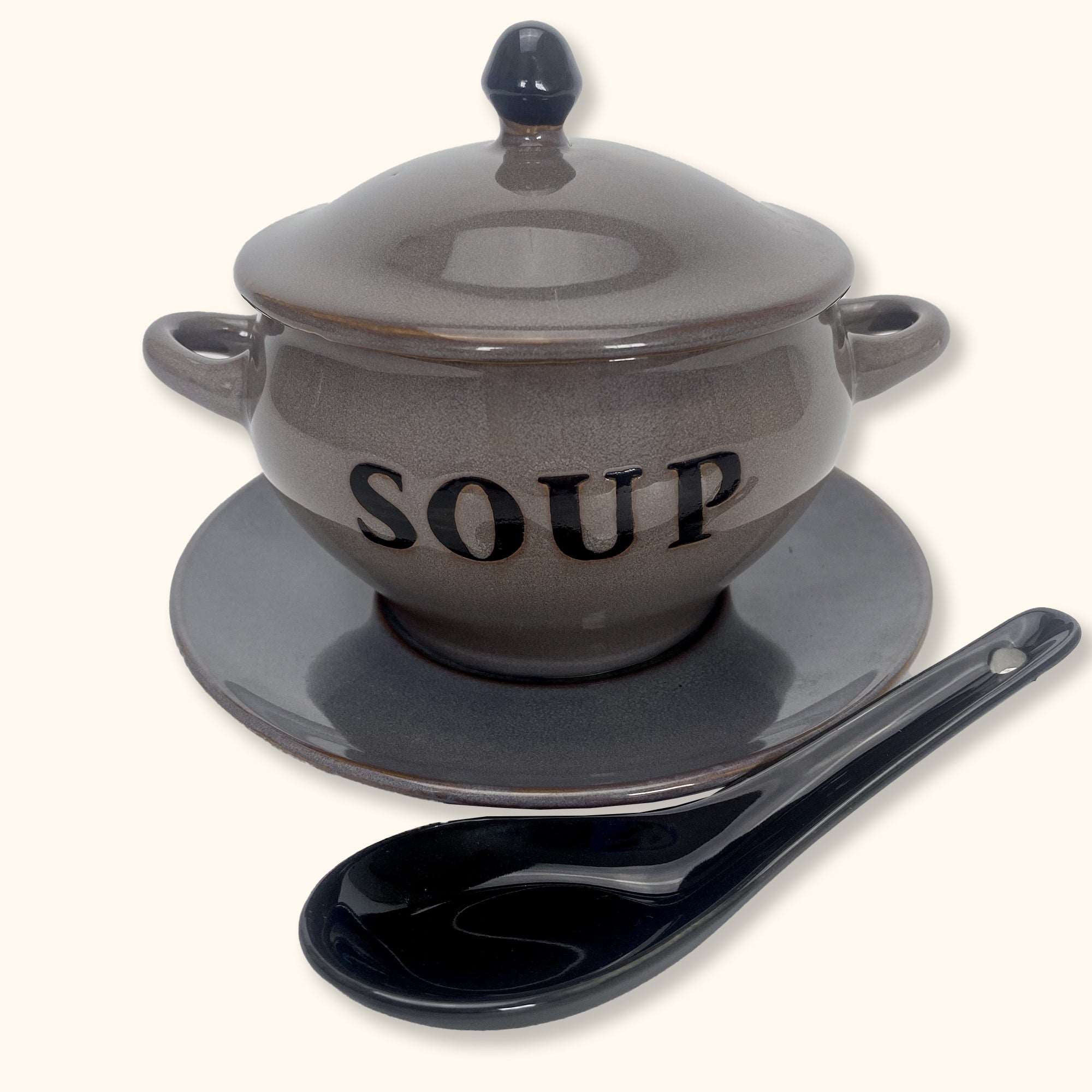 Grey Microwave Soup Bowl and Spoon with Lid - - Kitchenware