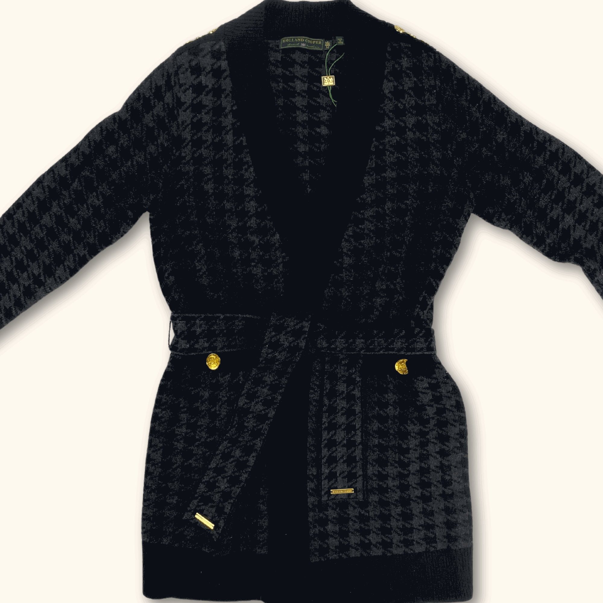 Holland Cooper Houndstooth Grey Cardigan with Belt - Size Medium - - Cardigans