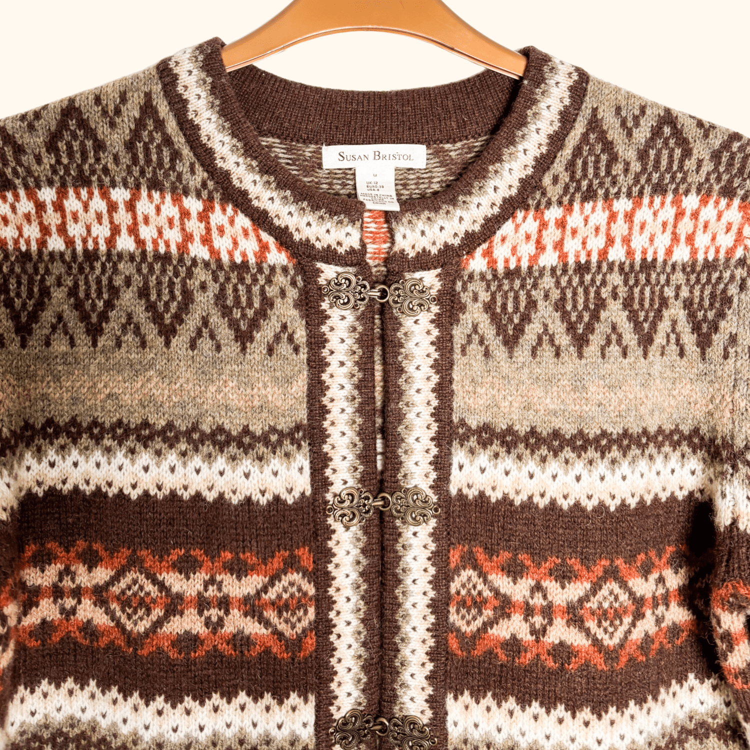 Susan Bristol Brown 100% Wool Fair Isle Cardigan - Size Medium Sunshine Thrift