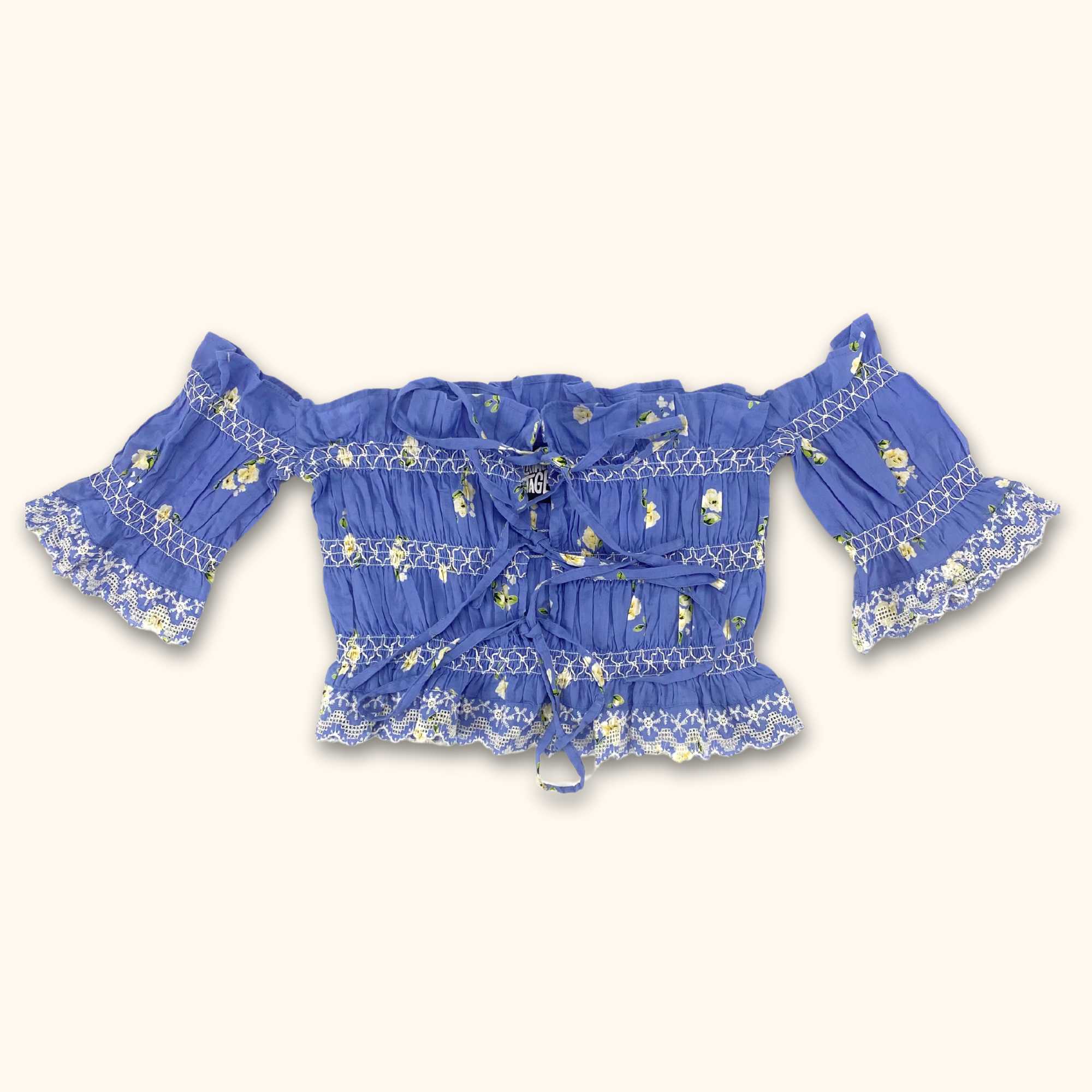 Reclaimed Vintage Blue Floral Ruffle Bandeau Crop Top - Size 8 - - Tops & Shirts