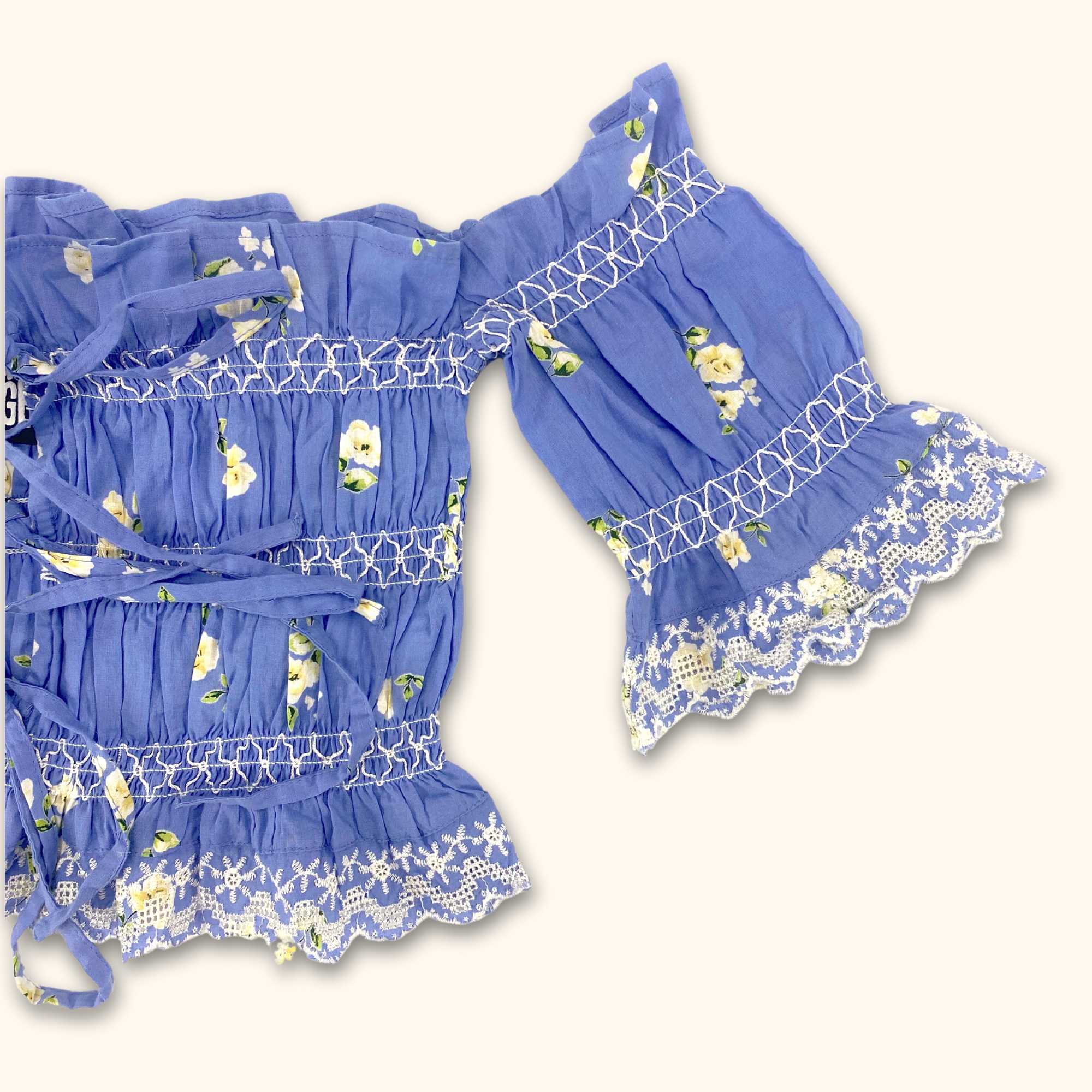 Reclaimed Vintage Blue Floral Ruffle Bandeau Crop Top - Size 8 - - Tops & Shirts