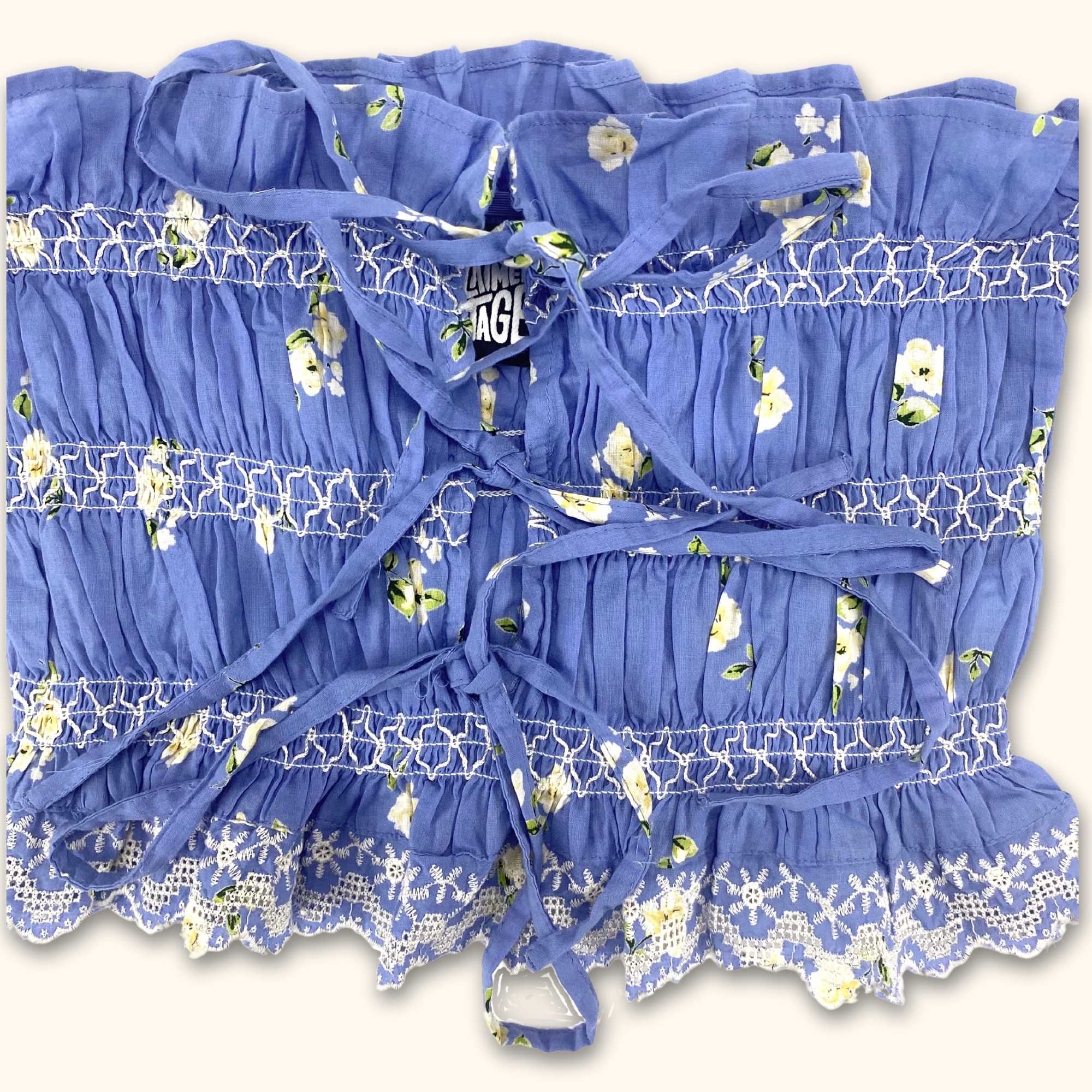 Reclaimed Vintage Blue Floral Ruffle Bandeau Crop Top - Size 8 - - Tops & Shirts