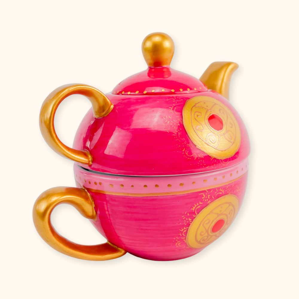 Pink and Gold Tea For One Teapot and Cup Porcellan Brandani