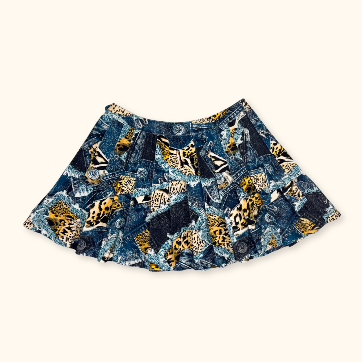 Jaded London Patchwork Animal Print Pleated Denim Mini Skirt - Size 8 Jaded London