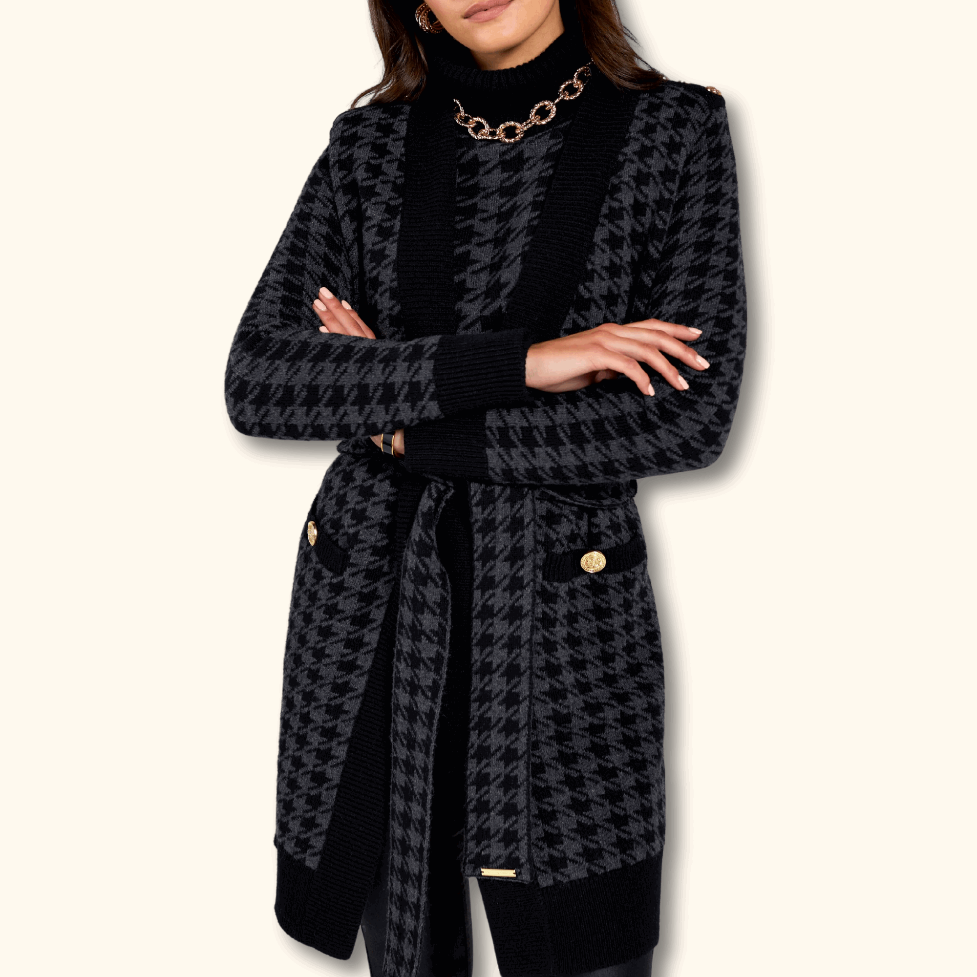 Holland Cooper Houndstooth Grey Cardigan with Belt - Size Medium - - Cardigans