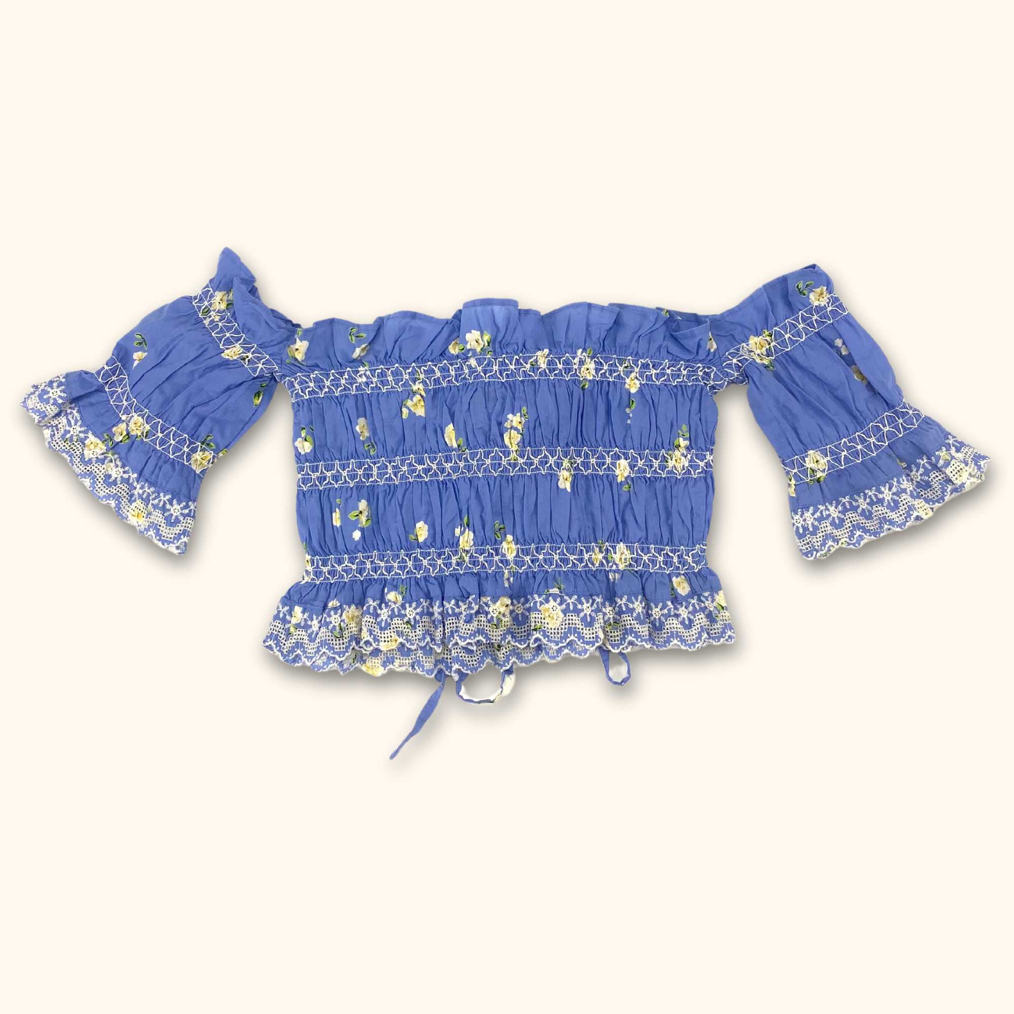 Reclaimed Vintage Blue Floral Ruffle Bandeau Crop Top - Size 8 - - Tops & Shirts