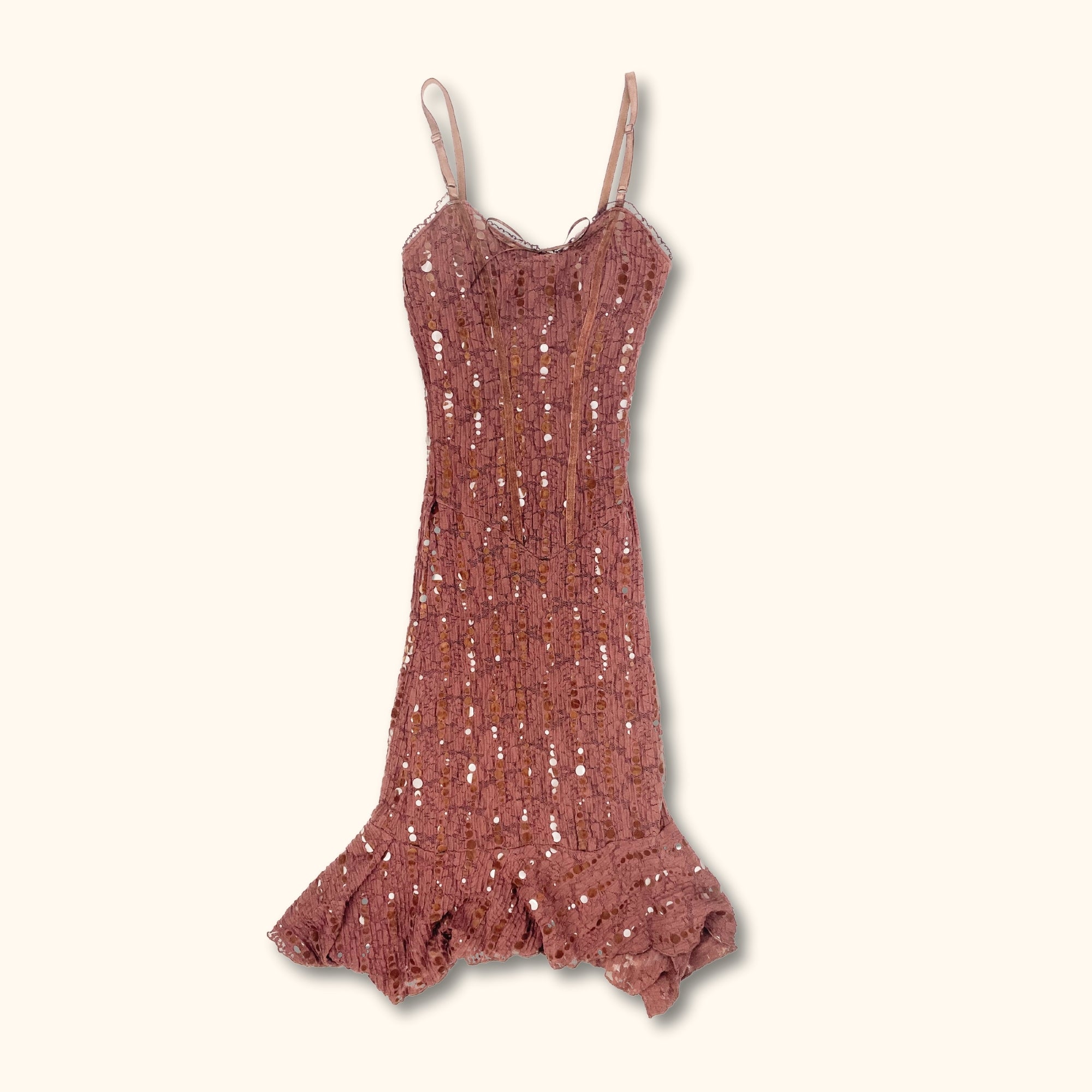 Y2K Brown Lace Midi Dress - Size Small - - Dresses