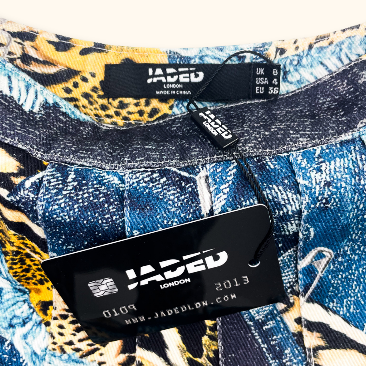 Jaded London Patchwork Animal Print Pleated Denim Mini Skirt - Size 8 Jaded London