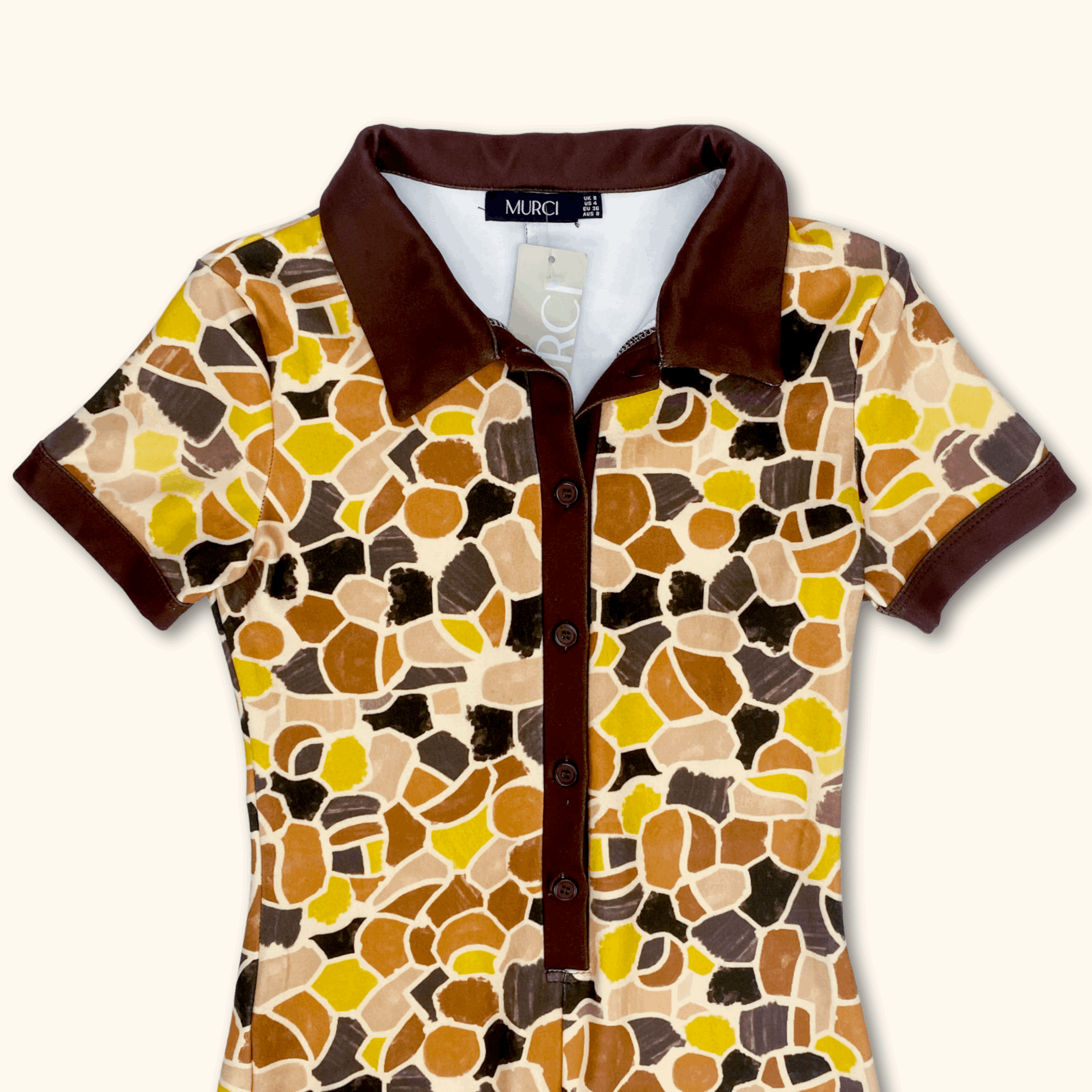 Murci 70s Inspired Brown Short Sleeve Patterned Playsuit - Size 8 - - Jumpsuits & playsuits