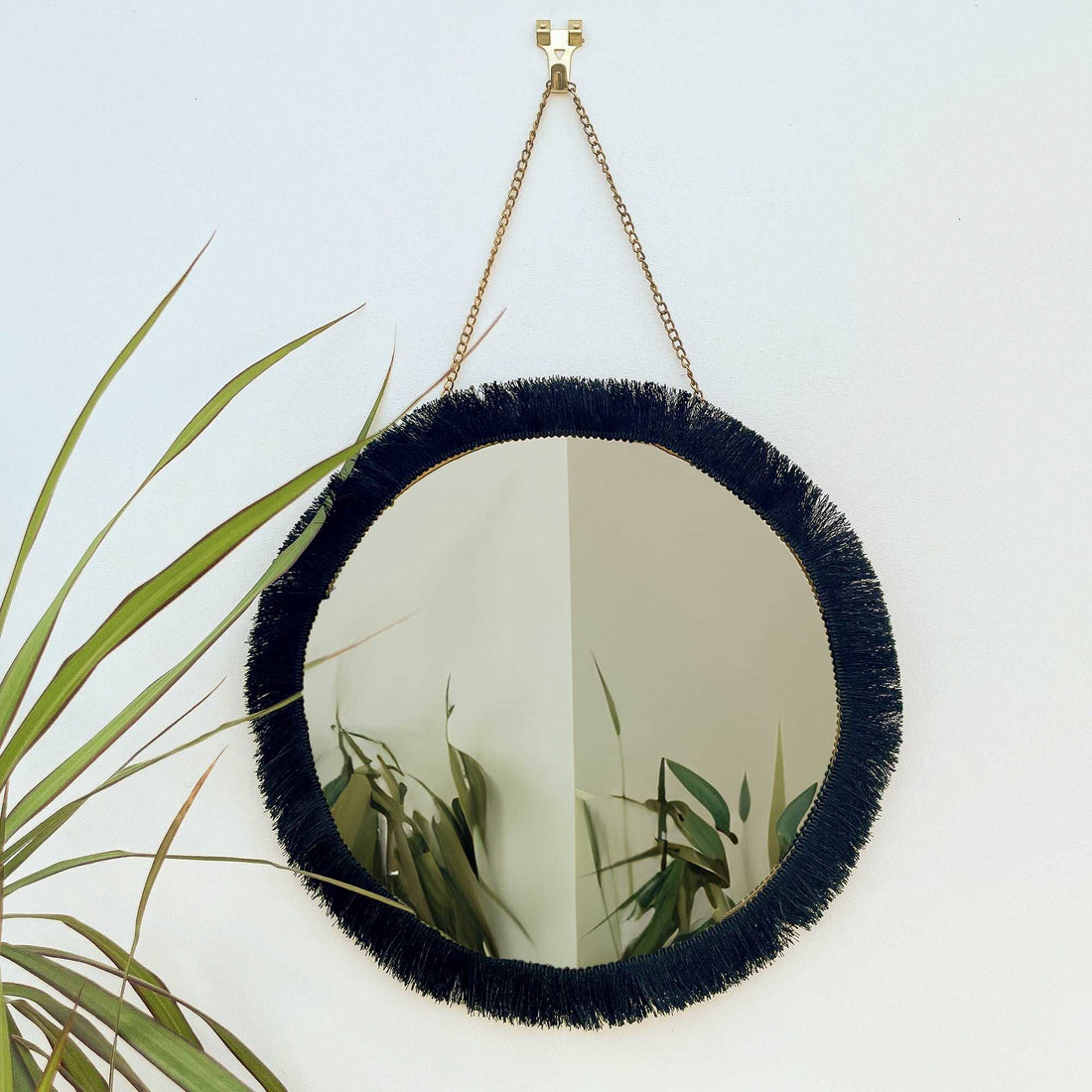 Black Fringe Gold Circle Hanging Mirror -  - Mirrors