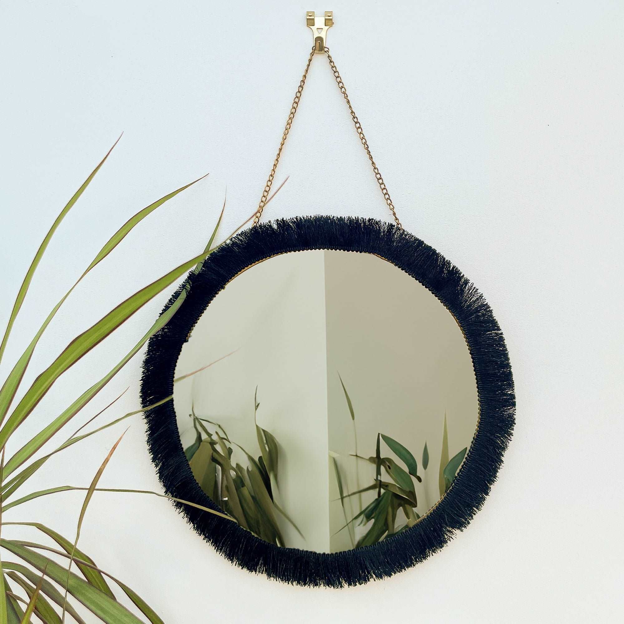 Black Fringe Gold Circle Hanging Mirror -  - Mirrors