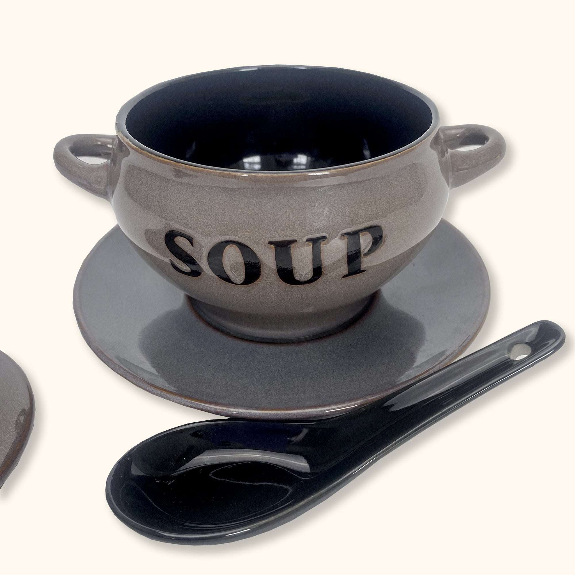 Grey Microwave Soup Bowl and Spoon with Lid - - Kitchenware